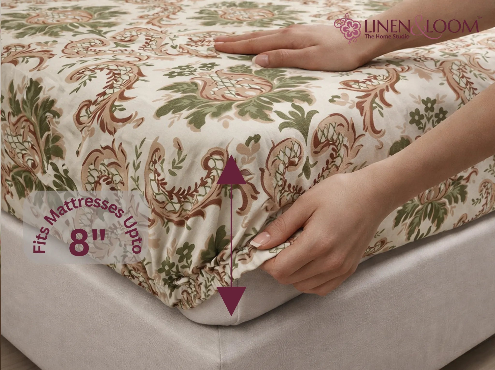 Verdant Heirloom - Linen & Loom Pure Comfort Series 360° Elastic Fitted Bedsheet | Soft and Comfortable Bed Linen Set for a Cozy Bedroom | 200 TC | King Size 72x78 inches + 9 inches