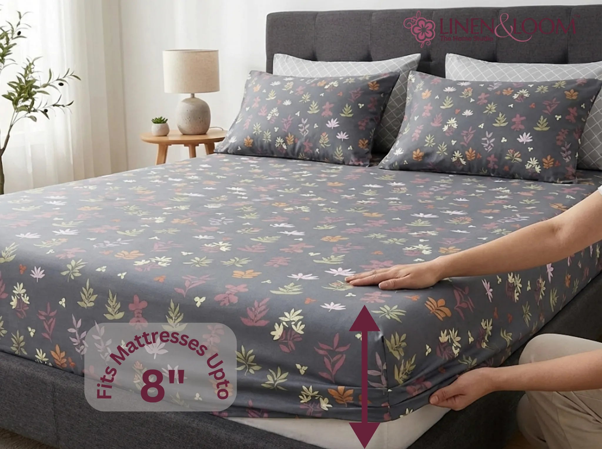 Midnight Sprig - Linen & Loom Pure Comfort Series 360° Elastic Fitted Bedsheet | Soft and Comfortable Bed Linen Set for a Cozy Bedroom | 200 TC | King Size 72x78 inches + 9 inches
