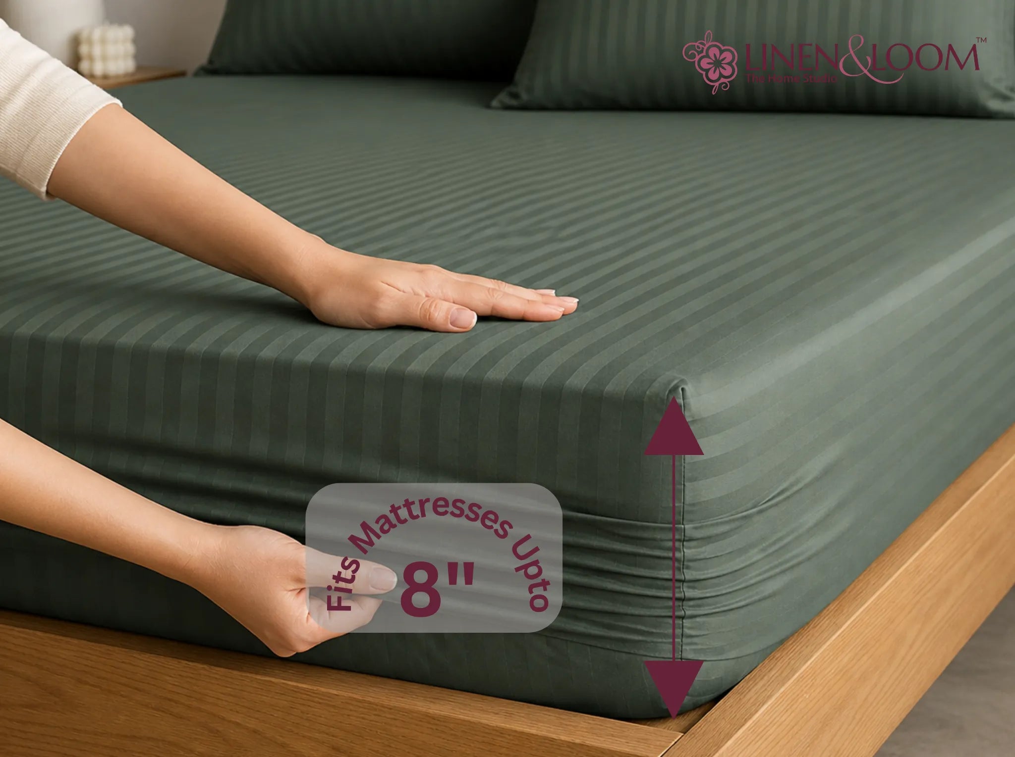 Mediterranean Green - Linen & Loom Elegance King Size 360° Fitted (72X78 + 9 inches) Elasticated Bedsheet | Elegant Satin Stripes | No-Slip Design | Snug, Secure Grip | Fits Upto 8 Inch Mattress | 200 TC
