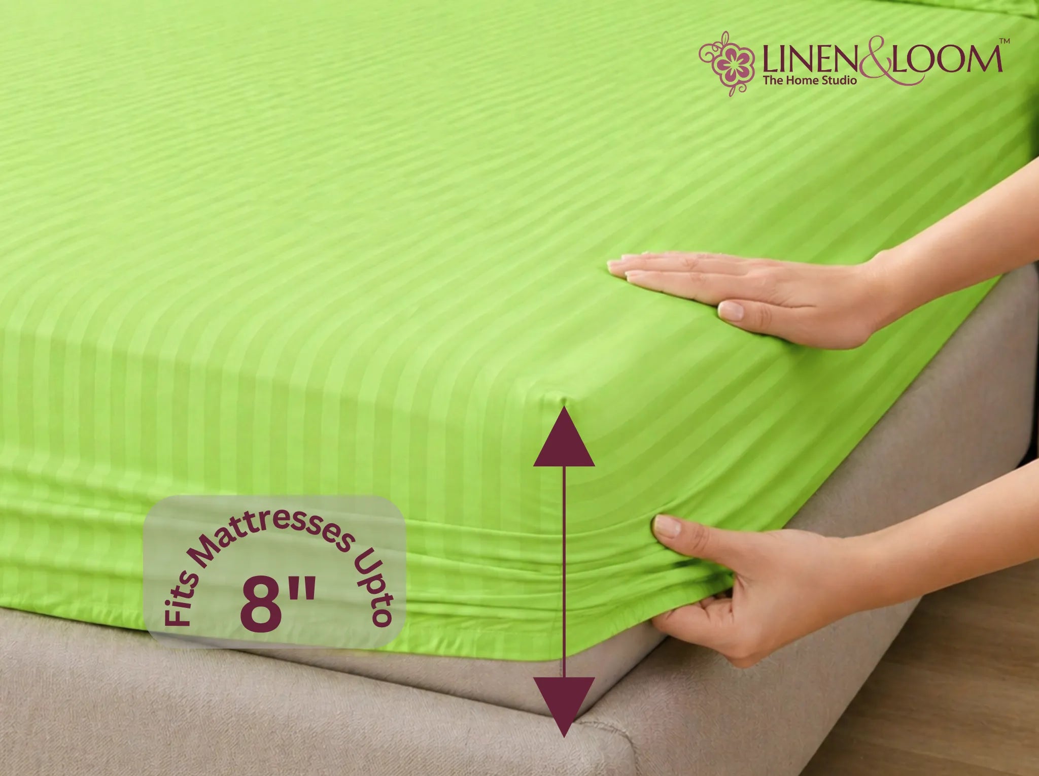 Neon Green - Linen & Loom Elegance King Size 360° Fitted (72X78 + 9 inches) Elasticated Bedsheet | Elegant Satin Stripes | No-Slip Design | Snug, Secure Grip | Fits Upto 8 Inch Mattress | 200 TC