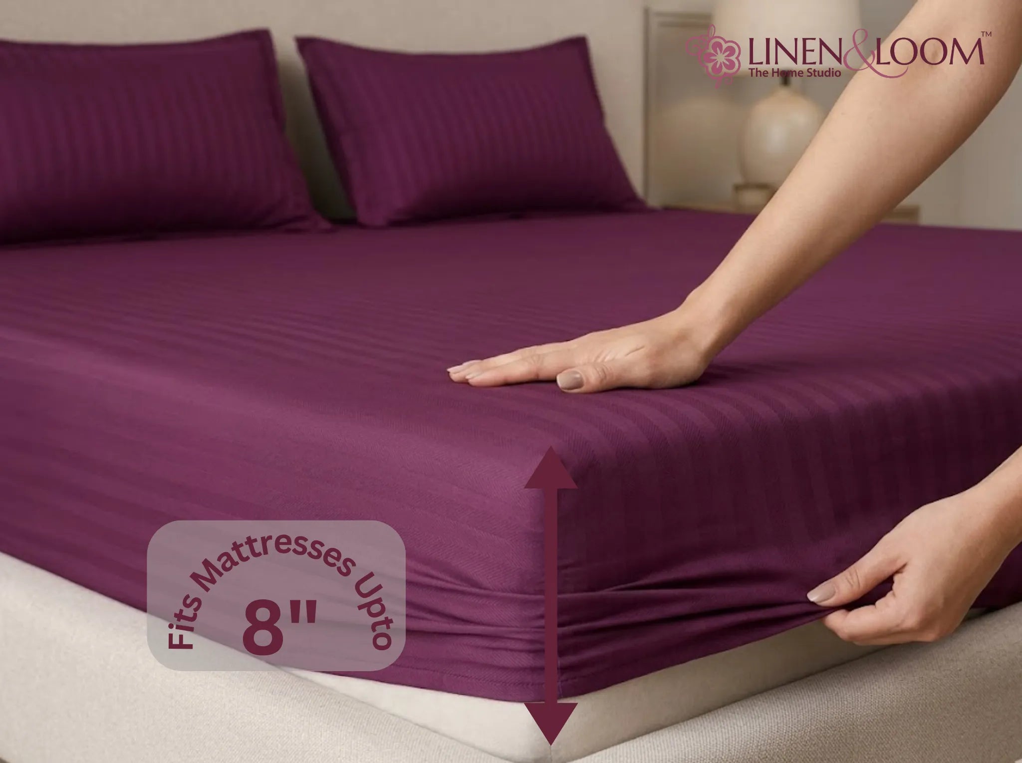 Wine - Linen & Loom Elegance King Size 360° Fitted (72X78 + 9 inches) Elasticated Bedsheet | Elegant Satin Stripes | No-Slip Design | Snug, Secure Grip | Fits Upto 8 Inch Mattress | 200 TC