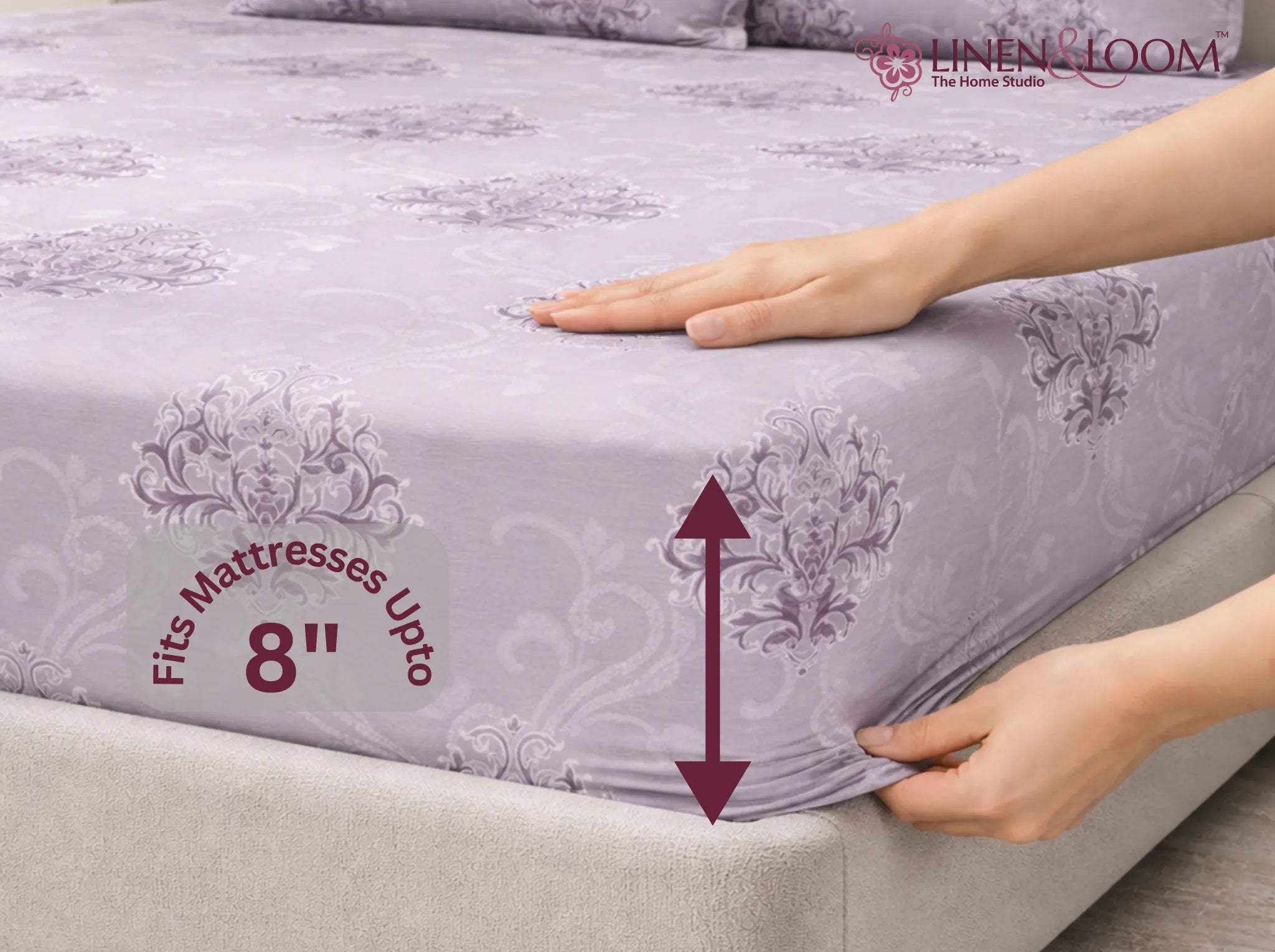 Lavender Damask - Linen & Loom Pure Comfort Series 360° Elastic Fitted Bedsheet | Soft and Comfortable Bed Linen Set for a Cozy Bedroom | 200 TC | King Size 72x78 inches + 9 inches