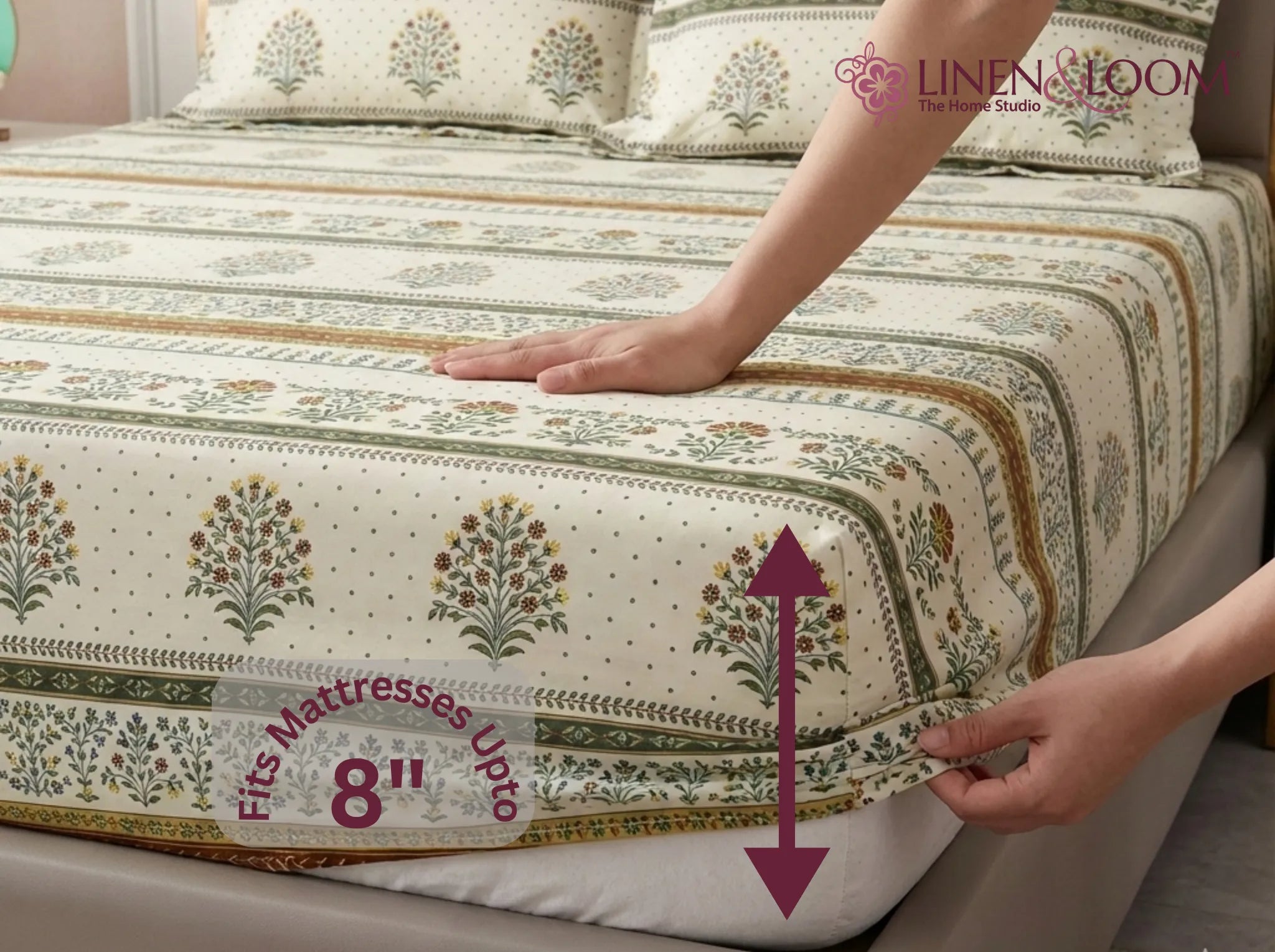 Earthen Blossom - Linen & Loom Pure Comfort Series 360° Elastic Fitted Bedsheet | Soft and Comfortable Bed Linen Set for a Cozy Bedroom | 200 TC | King Size 72x78 inches + 9 inches
