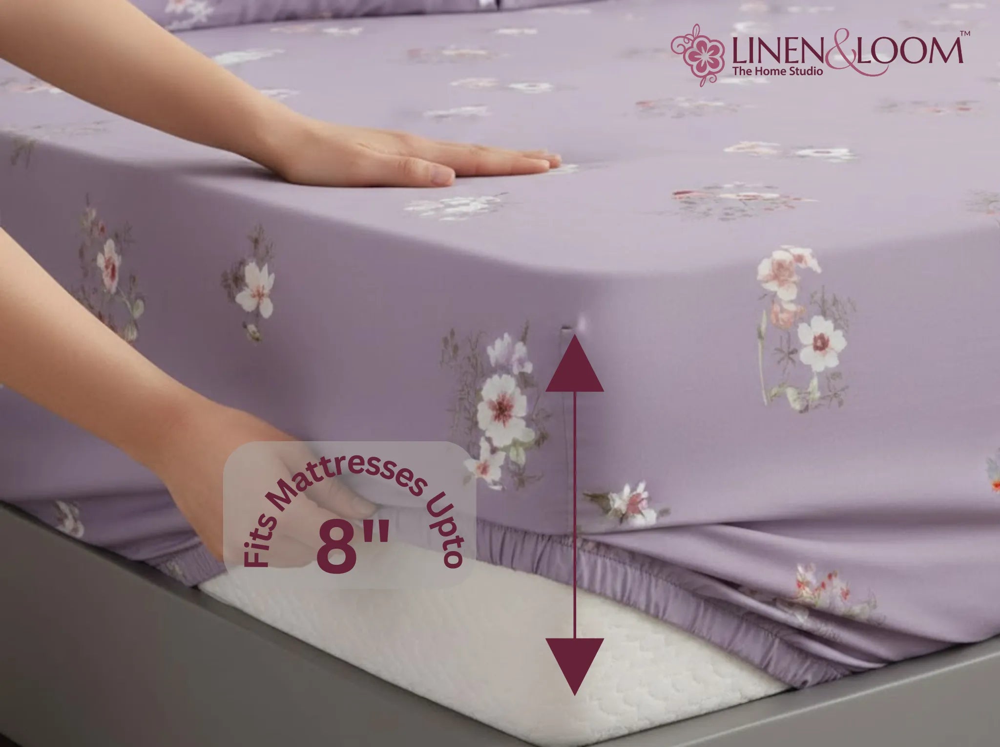 Lilac Petals - Linen & Loom Pure Comfort Series 360° Elastic Fitted Bedsheet | Soft and Comfortable Bed Linen Set for a Cozy Bedroom | 200 TC | King Size 72x78 inches + 9 inches