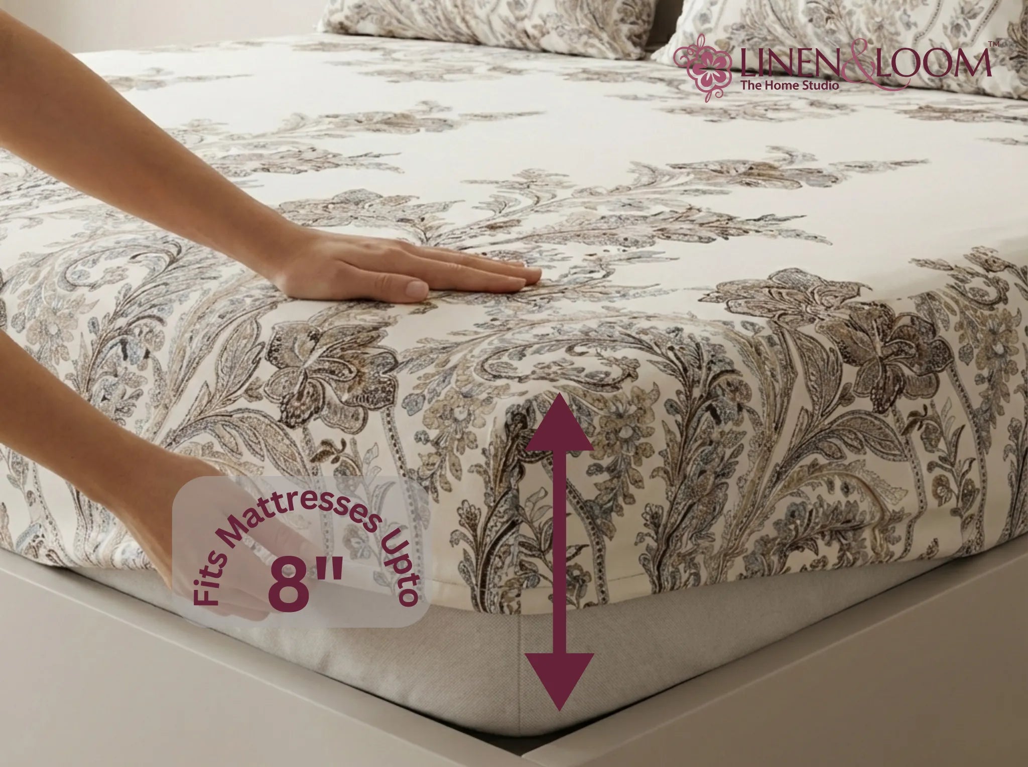 Ornate Pearl - Linen & Loom Pure Comfort Series 360° Elastic Fitted Bedsheet | Soft and Comfortable Bed Linen Set for a Cozy Bedroom | 200 TC | King Size 72x78 inches + 9 inches