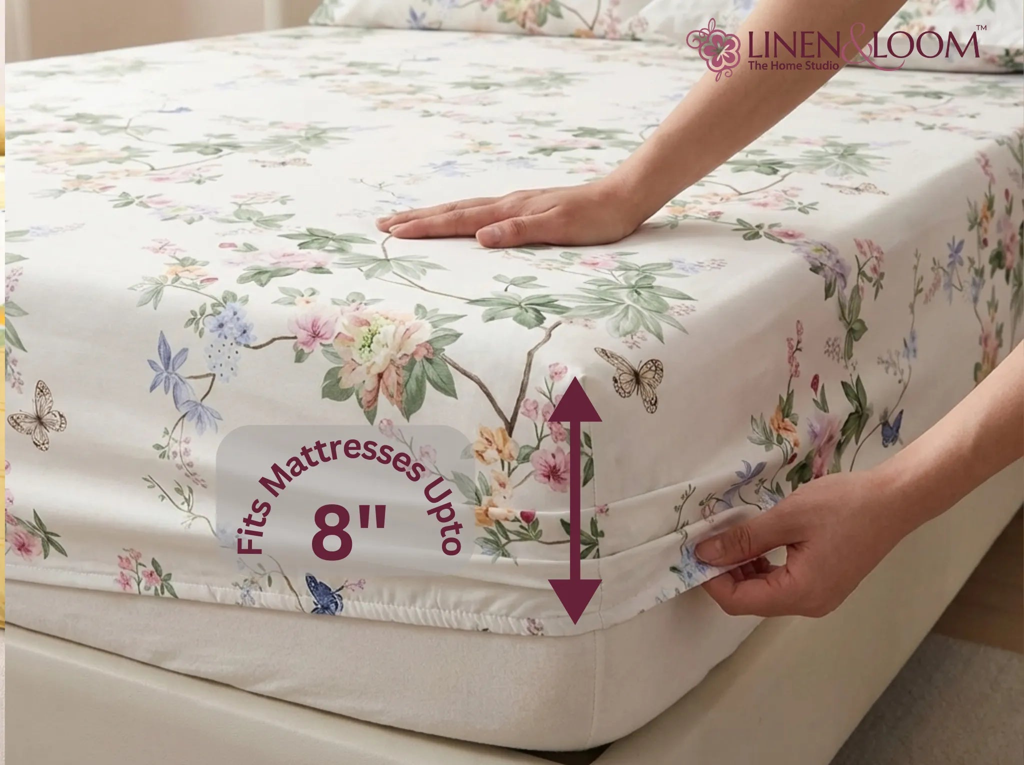 Morning Camellia - Linen & Loom Pure Comfort Series 360° Elastic Fitted Bedsheet | Soft and Comfortable Bed Linen Set for a Cozy Bedroom | 200 TC | King Size 72x78 inches + 9 inches