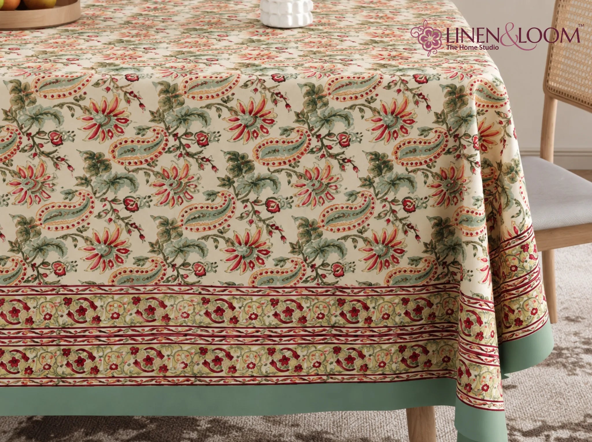 Palace Garden - Linen & Loom Rajwada Heritage 6-Seater Table Cover | 100% Premium Cotton Slub | 200 TC | 160 GSM | 1.5 x 2.25 Meters