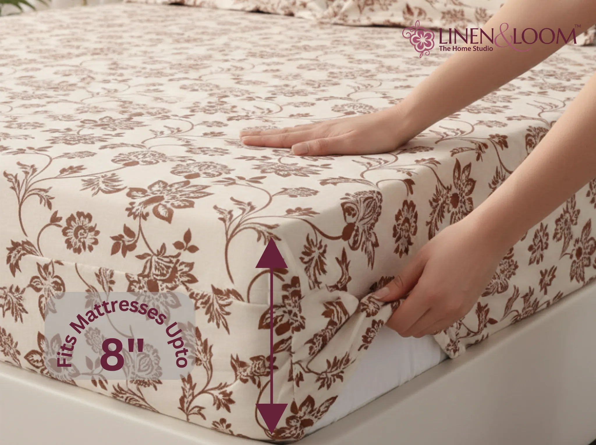 Cocoa Blossom - Linen & Loom Pure Comfort Series 360° Elastic Fitted Bedsheet | Soft and Comfortable Bed Linen Set for a Cozy Bedroom | 200 TC | King Size 72x78 inches + 9 inches