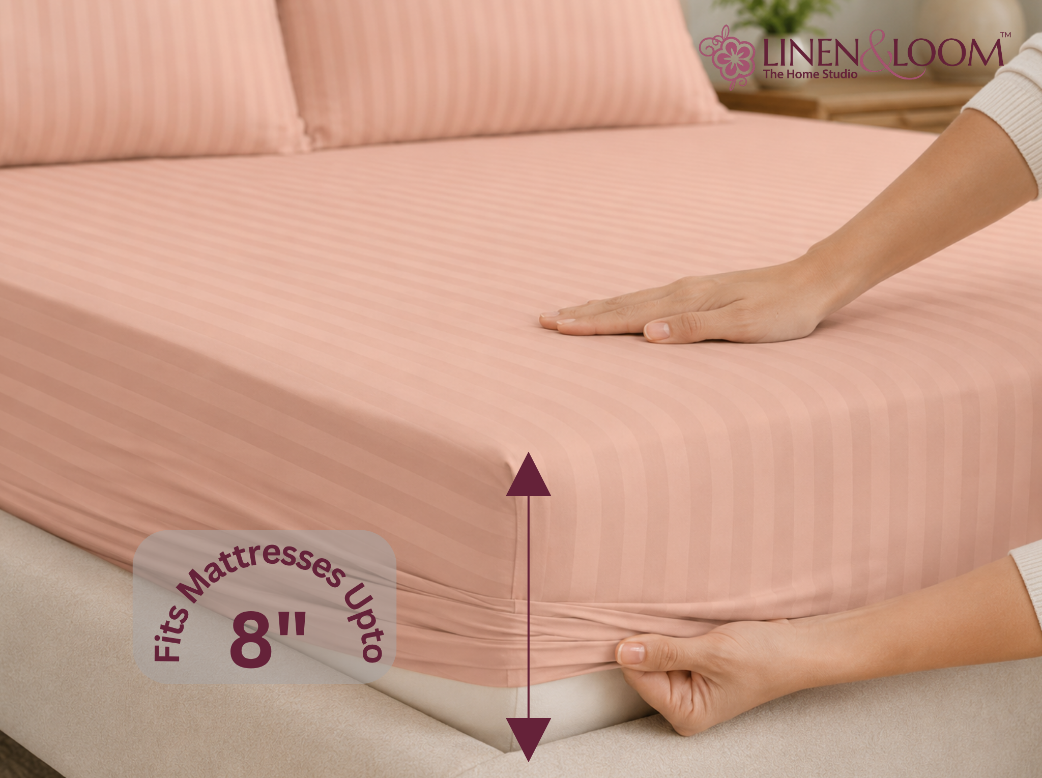 Peach - Linen & Loom Elegance King Size 360° Fitted (72X78 + 9 inches) Elasticated Bedsheet | Elegant Satin Stripes | No-Slip Design | Snug, Secure Grip | Fits Upto 8 Inch Mattress | 200 TC