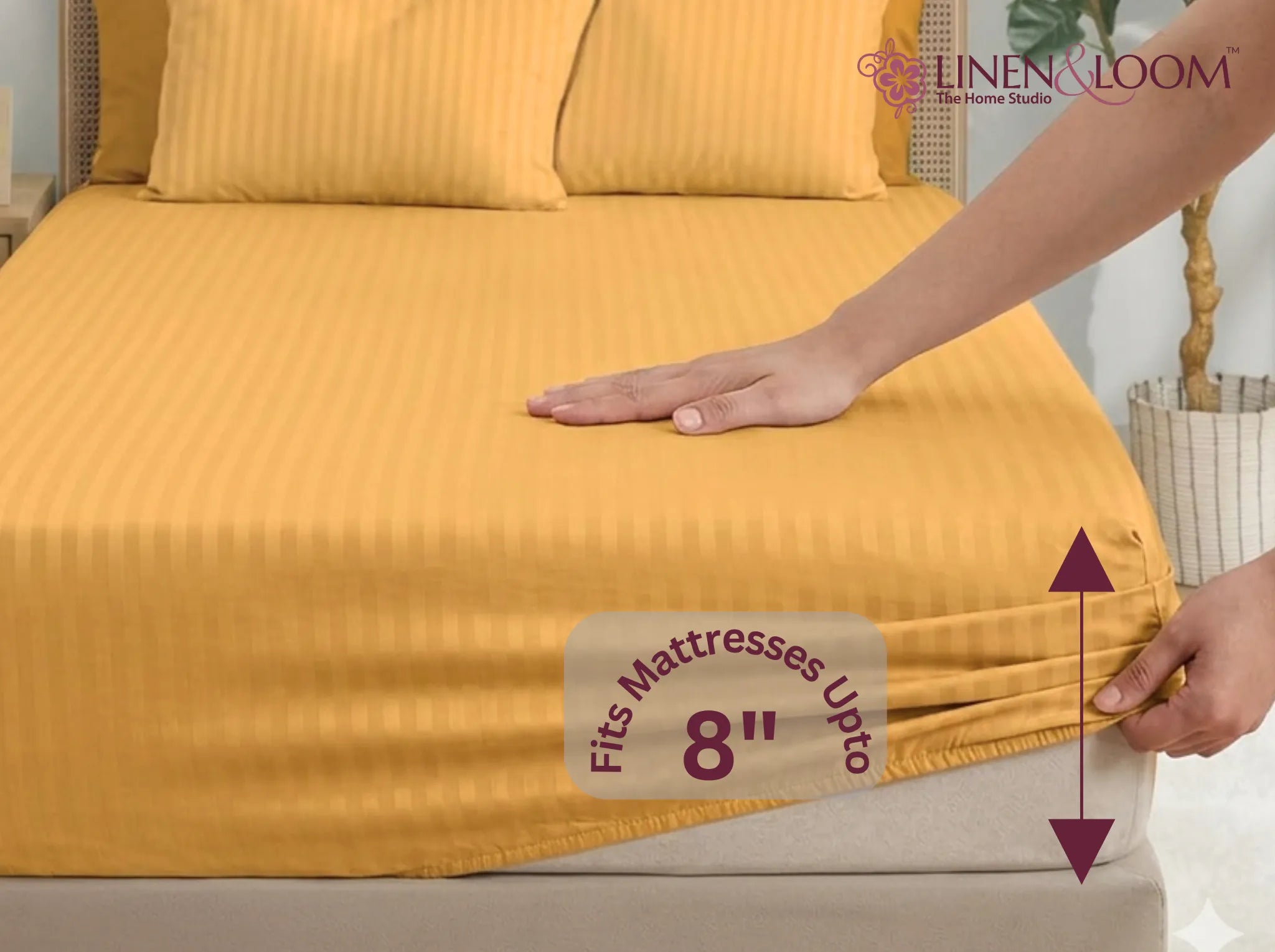 Yellow - Linen & Loom Elegance King Size 360° Fitted (72X78 + 9 inches) Elasticated Bedsheet | Elegant Satin Stripes | No-Slip Design | Snug, Secure Grip | Fits Upto 8 Inch Mattress | 200 TC