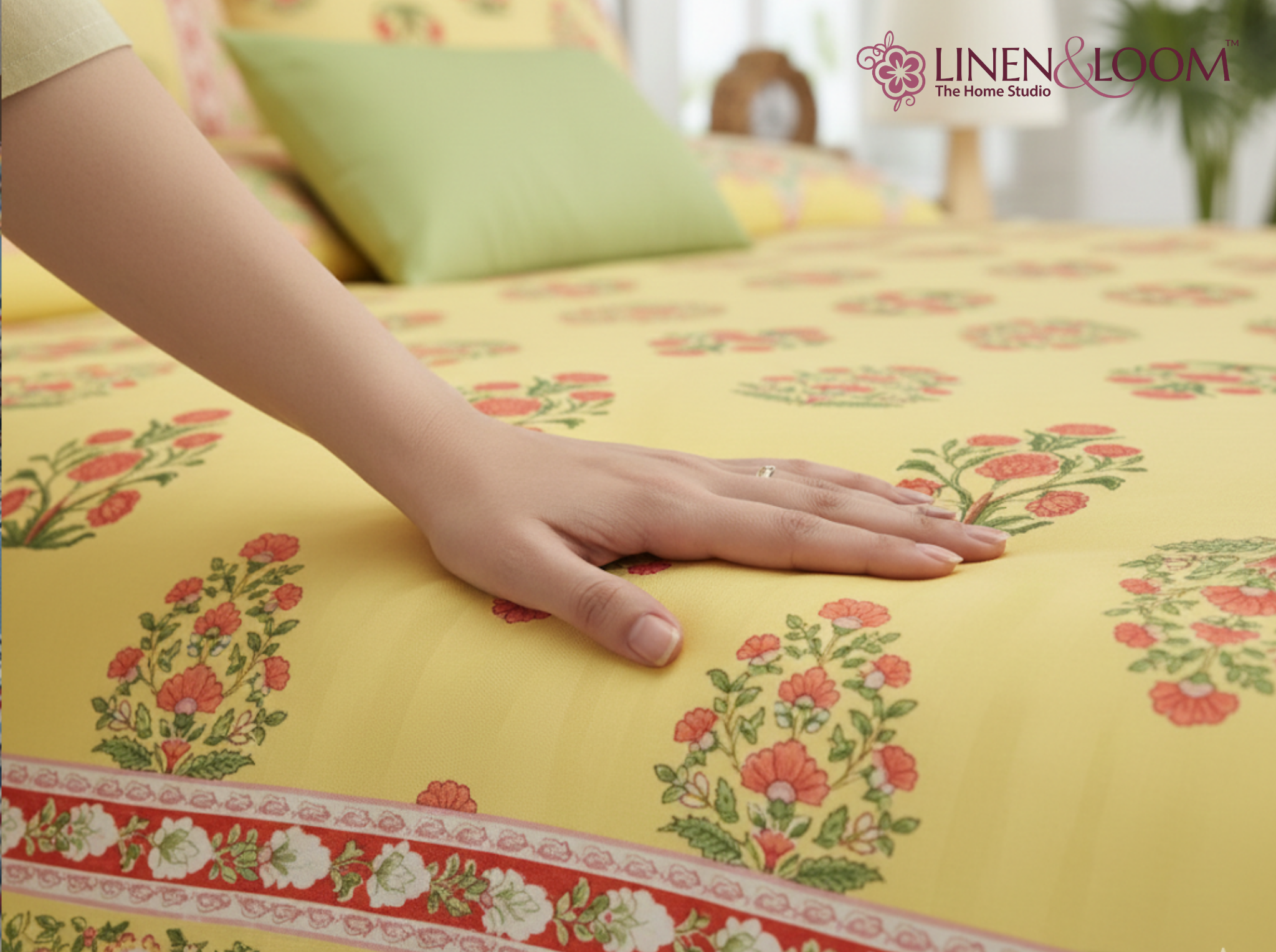 Gulshan Royale-Yellow — Linen & Loom Maharani Motifs Premium 100% Pure Cotton King Size (90x108) Double Bed Bedsheet with 2 Pillow Covers || Floral Printed Elegant Bedroom Bedding Set || 240 TC