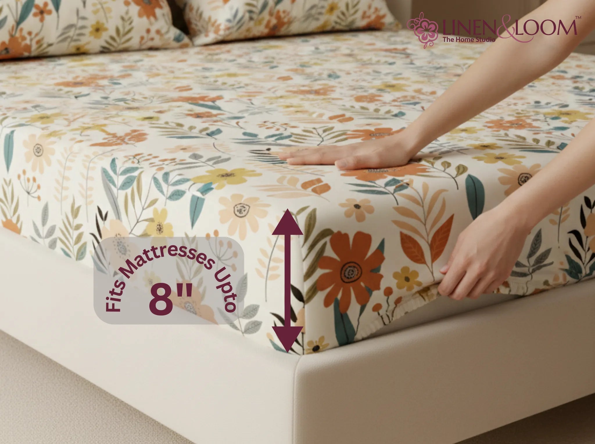 Calm Garden - Linen & Loom Pure Comfort Series 360° Elastic Fitted Bedsheet | Soft and Comfortable Bed Linen Set for a Cozy Bedroom | 200 TC | King Size 72x78 inches + 9 inches