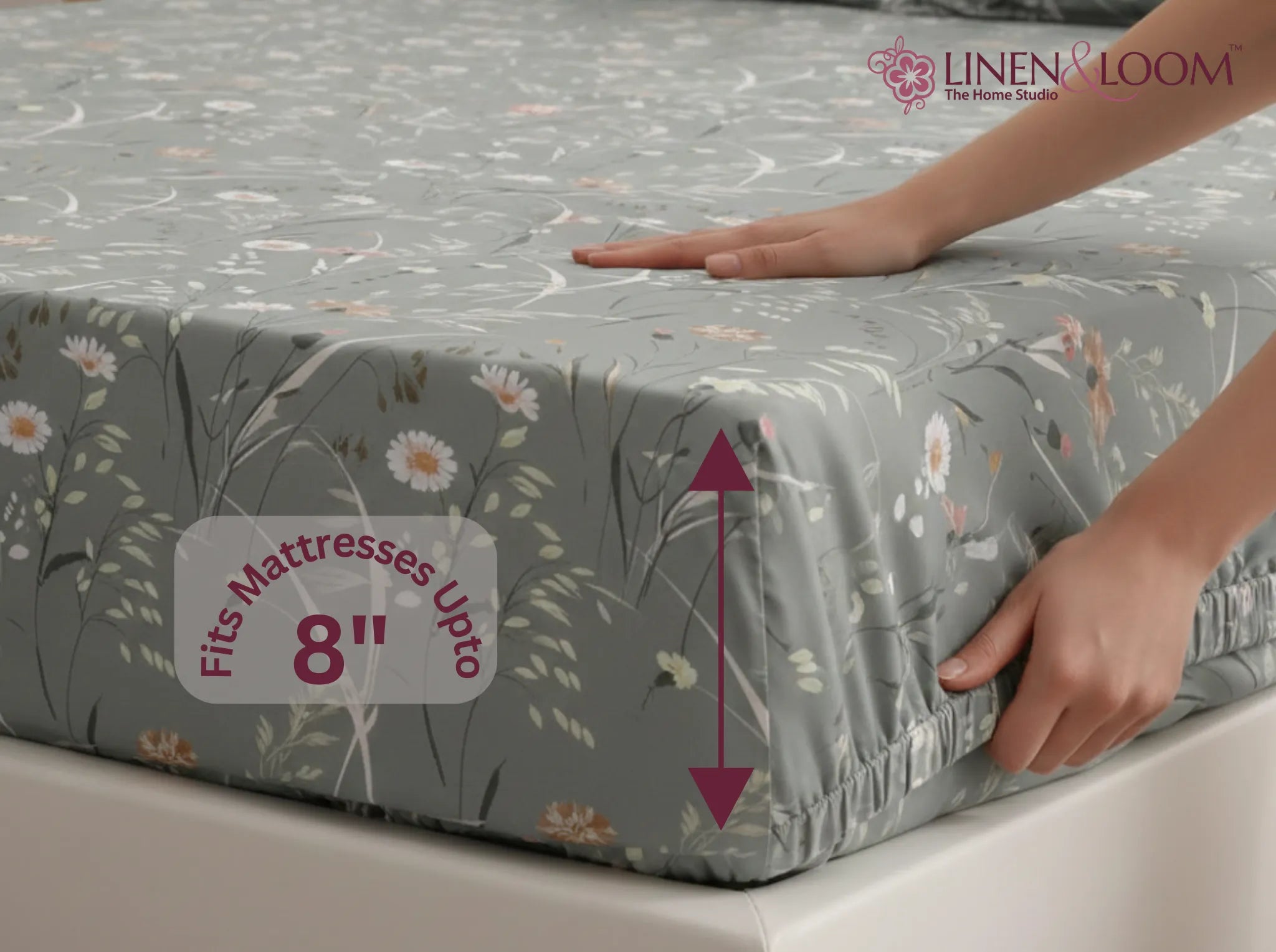 Herbal Whisper - Linen & Loom Pure Comfort Series 360° Elastic Fitted Bedsheet | Soft and Comfortable Bed Linen Set for a Cozy Bedroom | 200 TC | King Size 72x78 inches + 9 inches