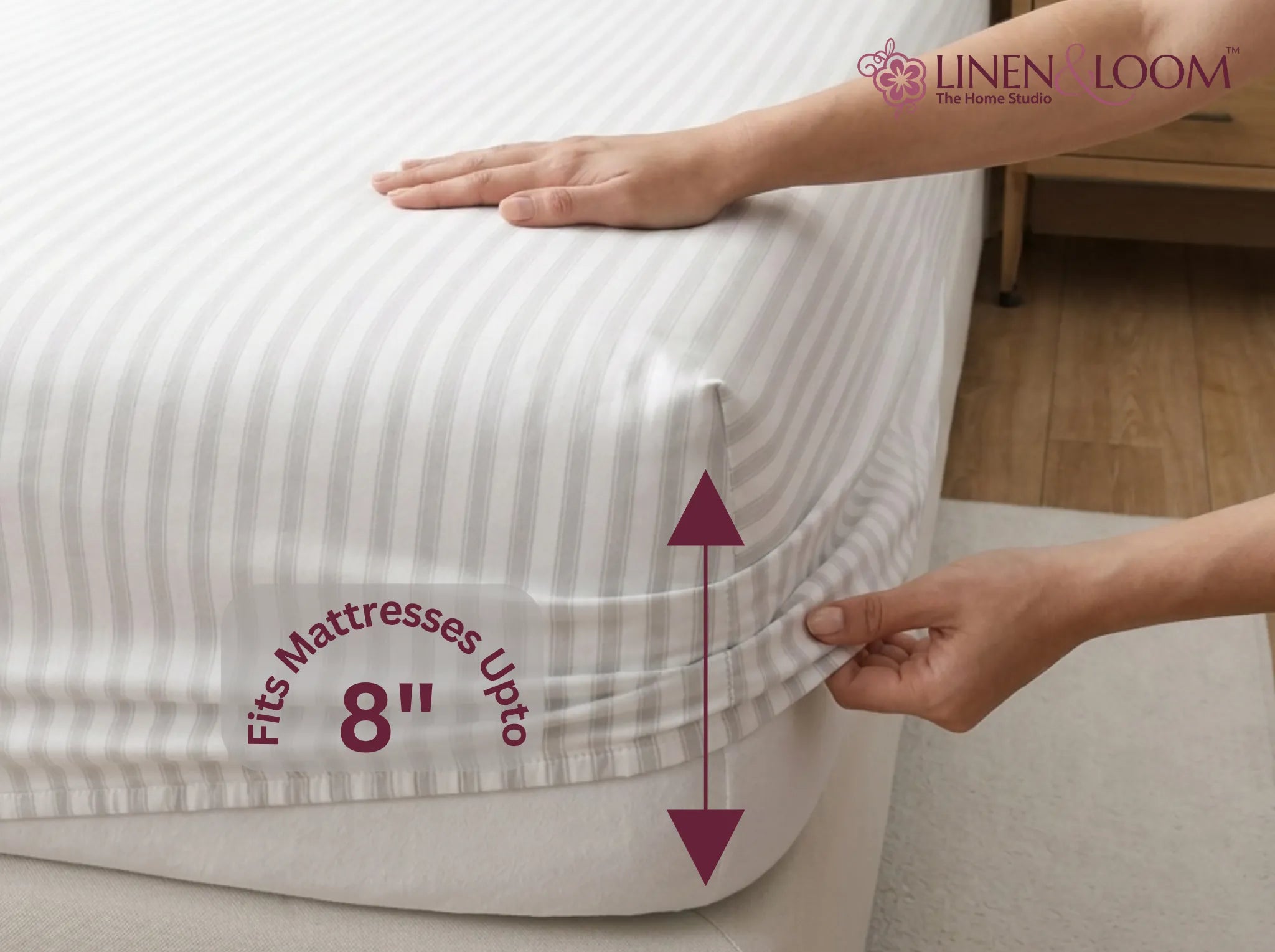 Ivory Cream - Linen & Loom Elegance King Size 360° Fitted (72X78 + 9 inches) Elasticated Bedsheet | Elegant Satin Stripes | No-Slip Design | Snug, Secure Grip | Fits Upto 8 Inch Mattress | 200 TC