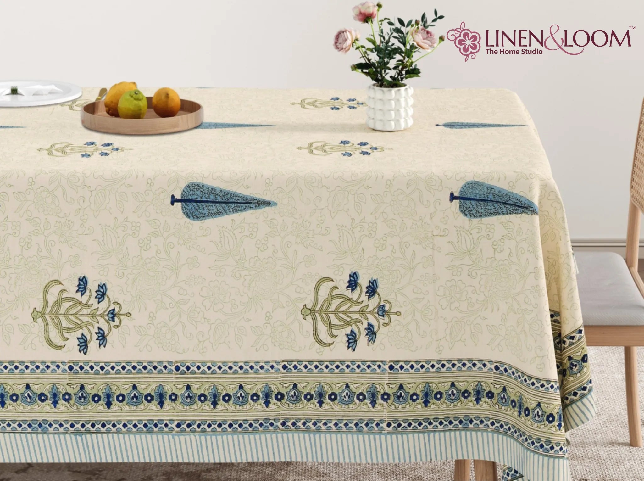 Indigo Heritage - Linen & Loom Rajwada Heritage 6-Seater Table Cover | 100% Premium Cotton Slub | 200 TC | 160 GSM | 1.5 x 2.25 Meters