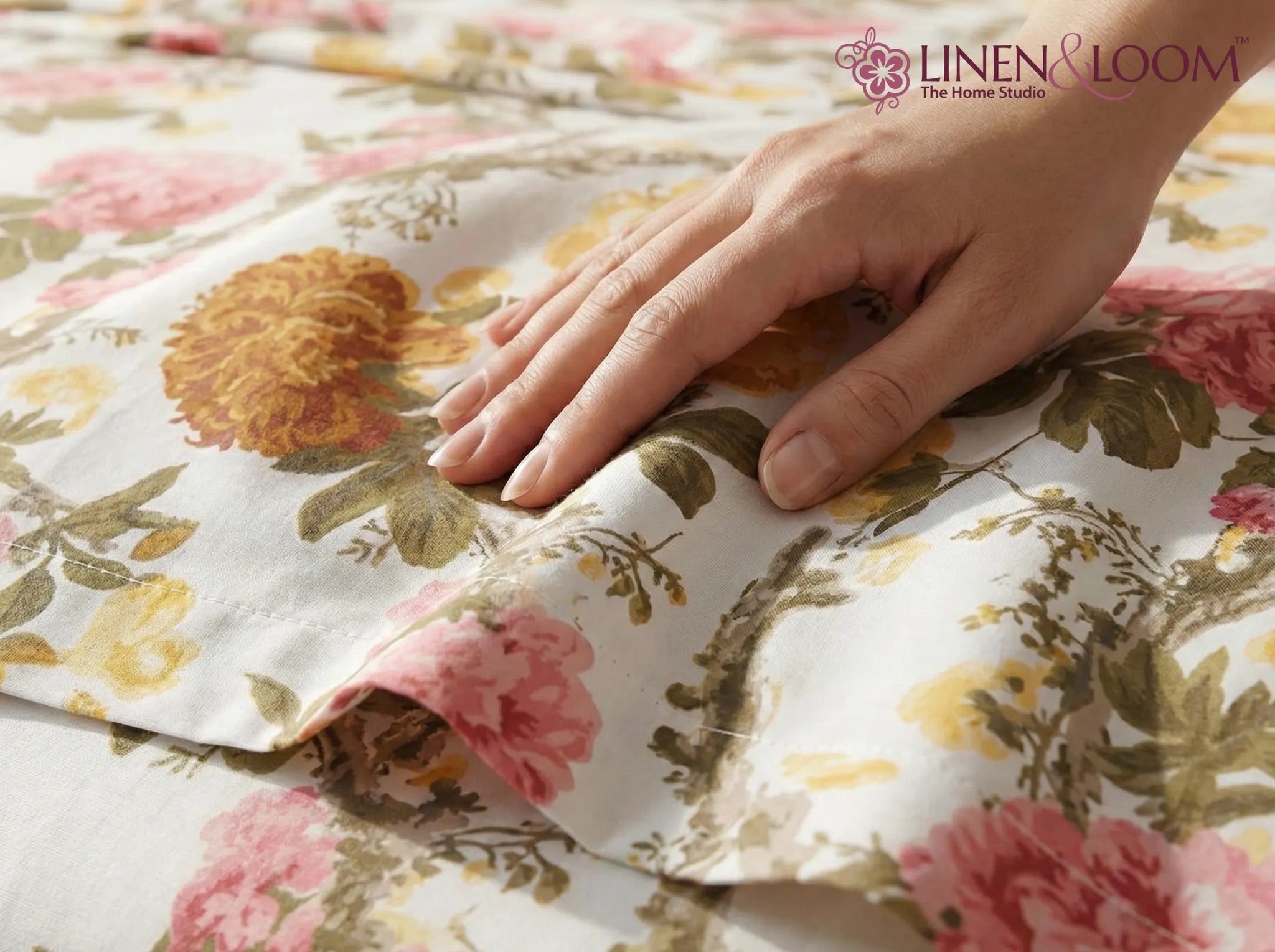 Autumn Bloom - Linen & Loom Natural Collection - Super King (100x108) 100% Pure Cotton Bedsheet with 2 Pillow Covers | Soft Breathable Bedspread for Home Decor | TC 240