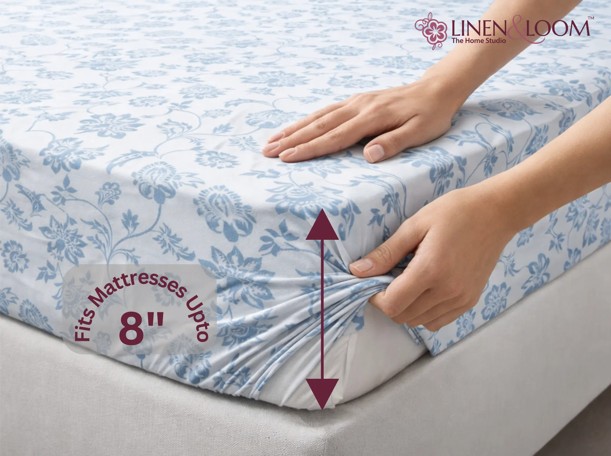 Bluebell Whisper - Linen & Loom Pure Comfort Series 360° Elastic Fitted Bedsheet | Soft and Comfortable Bed Linen Set for a Cozy Bedroom | 200 TC | King Size 72x78 inches + 9 inches