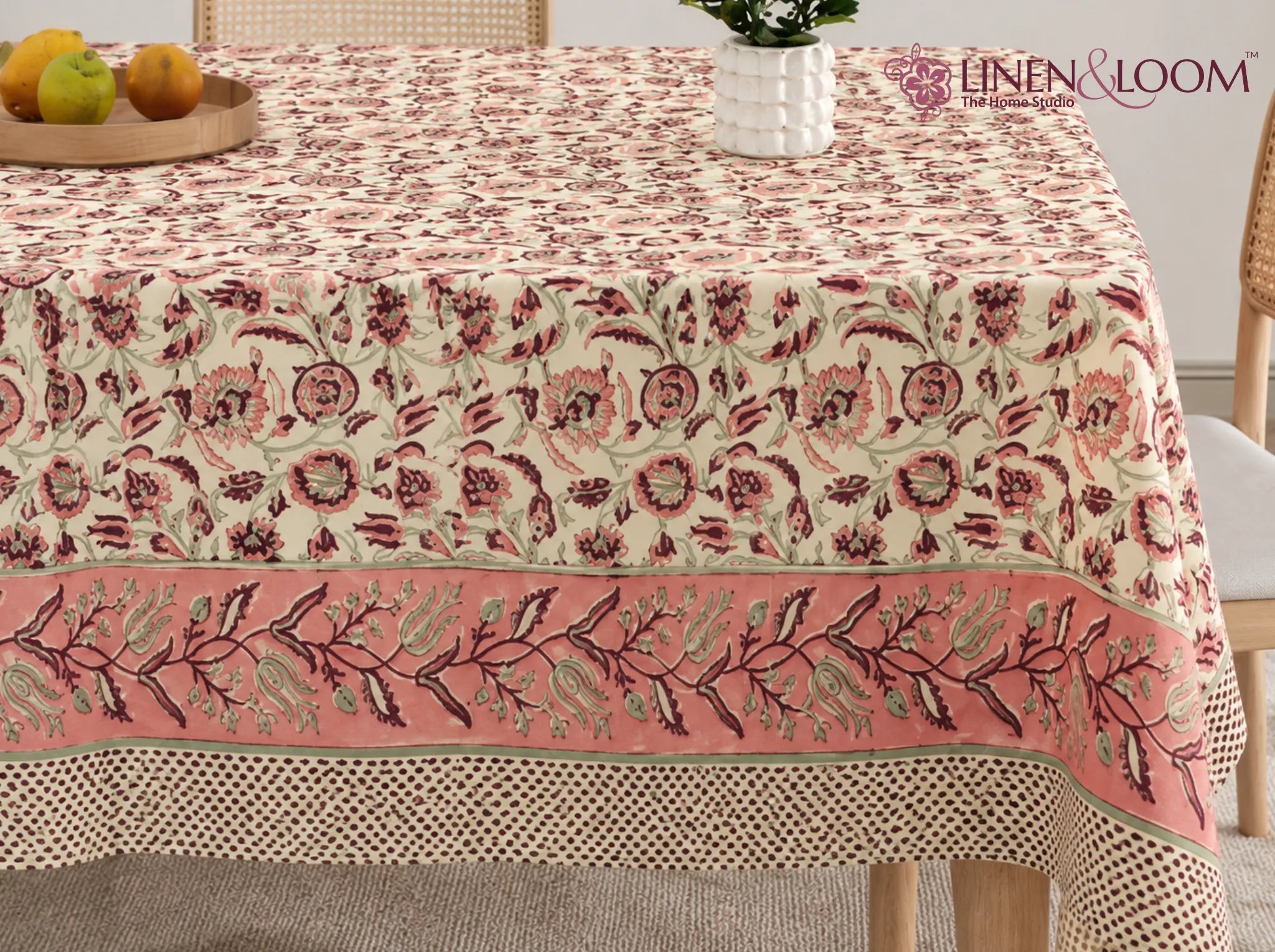Blossom Trellis - Linen & Loom Rajwada Heritage 6-Seater Table Cover | 100% Premium Cotton Slub | 200 TC | 160 GSM | 1.5 x 2.25 Meters