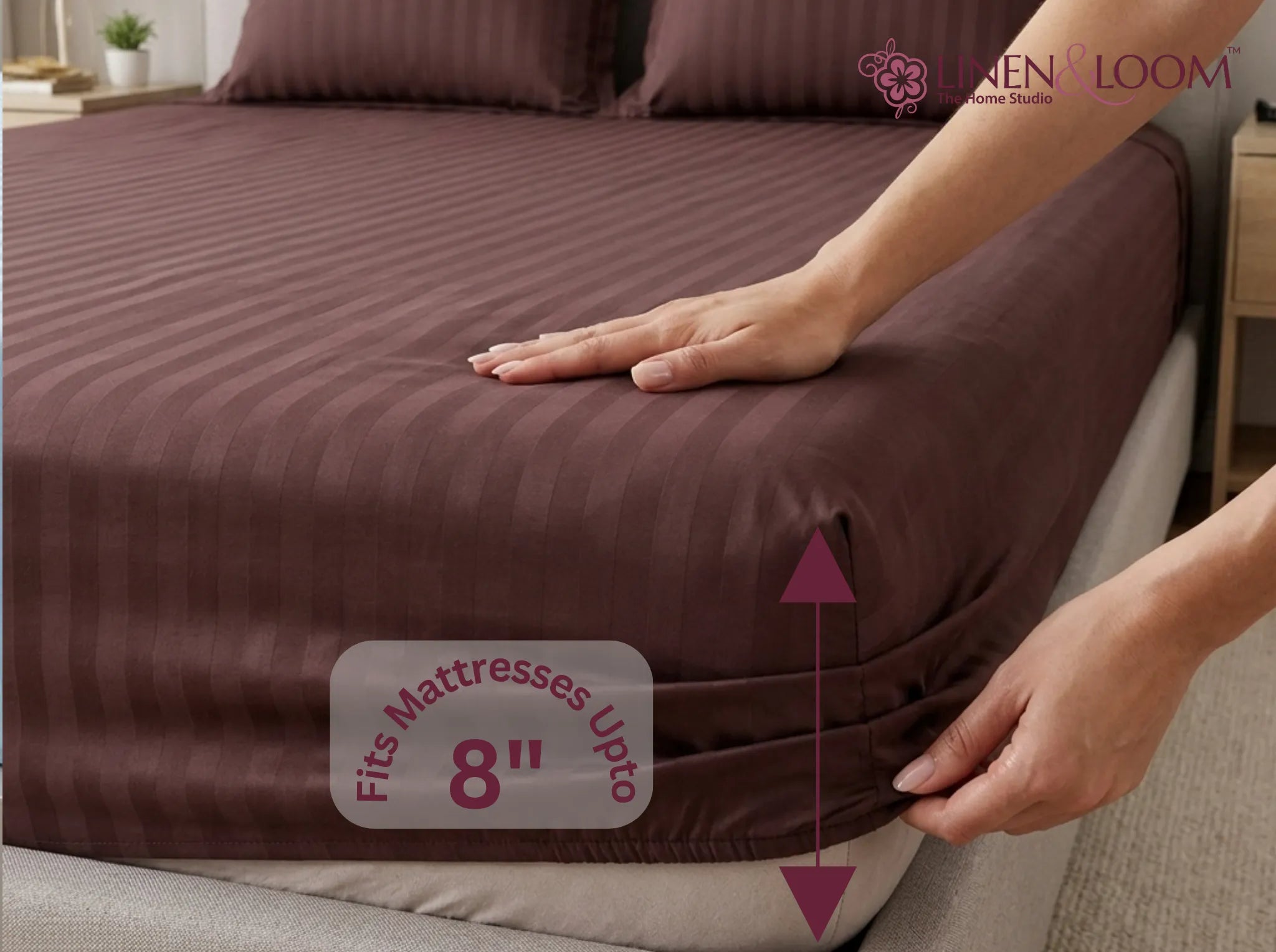 Brown - Linen & Loom Elegance King Size 360° Fitted (72X78 + 9 inches) Elasticated Bedsheet | Elegant Satin Stripes | No-Slip Design | Snug, Secure Grip | Fits Upto 8 Inch Mattress | 200 TC