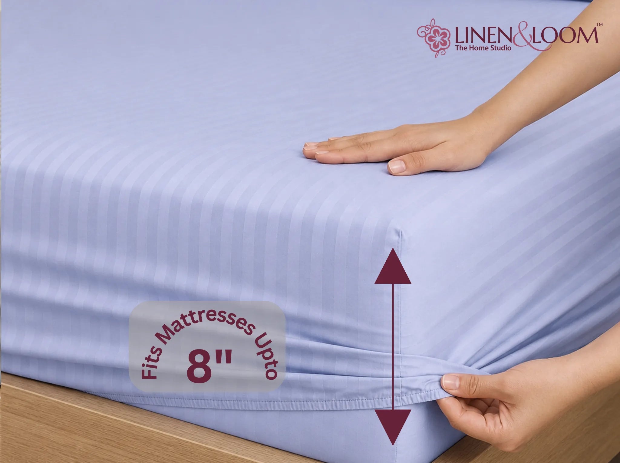 Powder Blue - Linen & Loom Elegance King Size 360° Fitted (72X78 + 9 inches) Elasticated Bedsheet | Elegant Satin Stripes | No-Slip Design | Snug, Secure Grip | Fits Upto 8 Inch Mattress | 200 TC