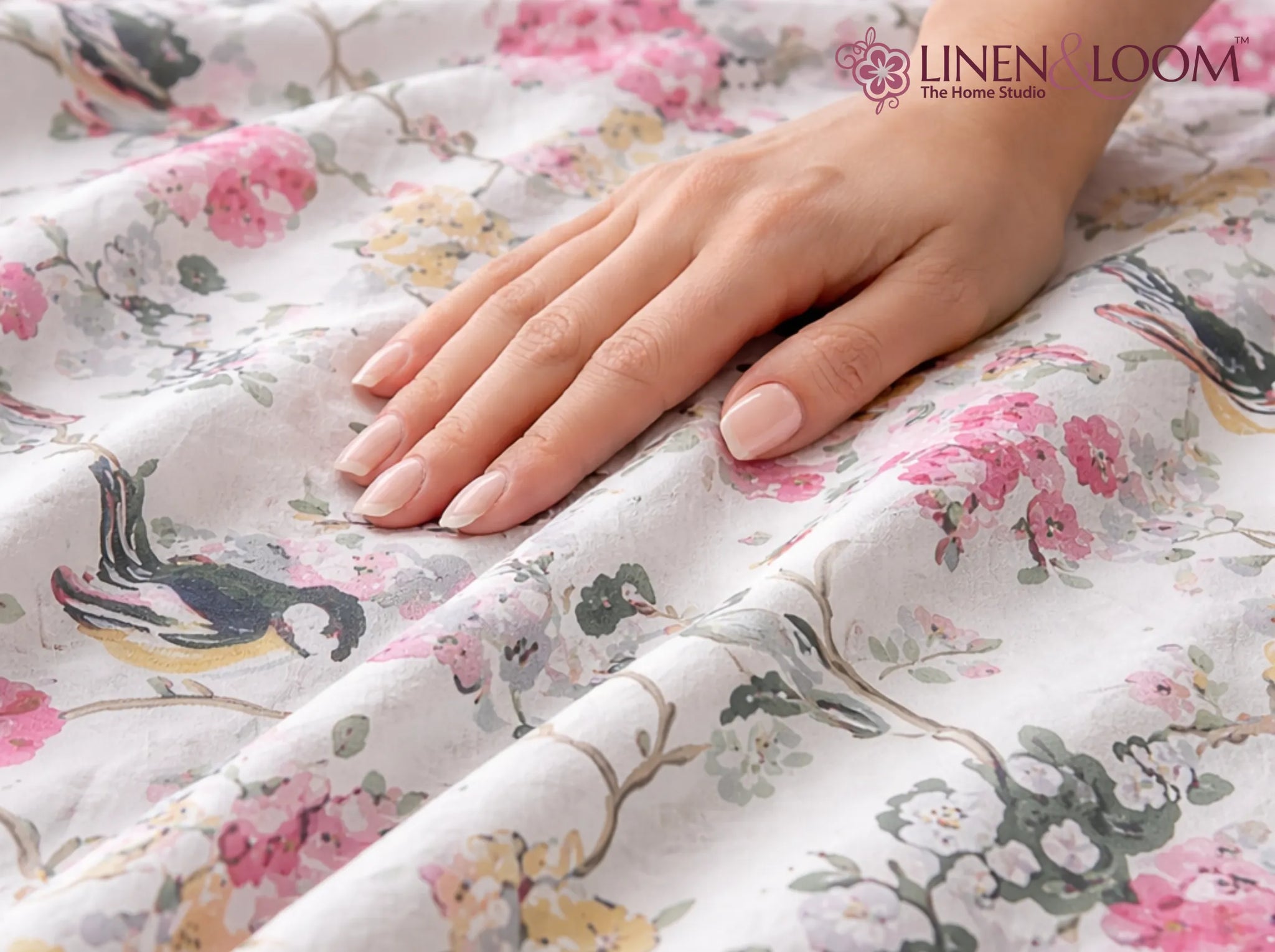 Pink Blossom Aviary - Linen & Loom Natural Collection - Super King (100x108) 100% Pure Cotton Bedsheet with 2 Pillow Covers | Soft Breathable Bedspread for Home Decor | TC 240