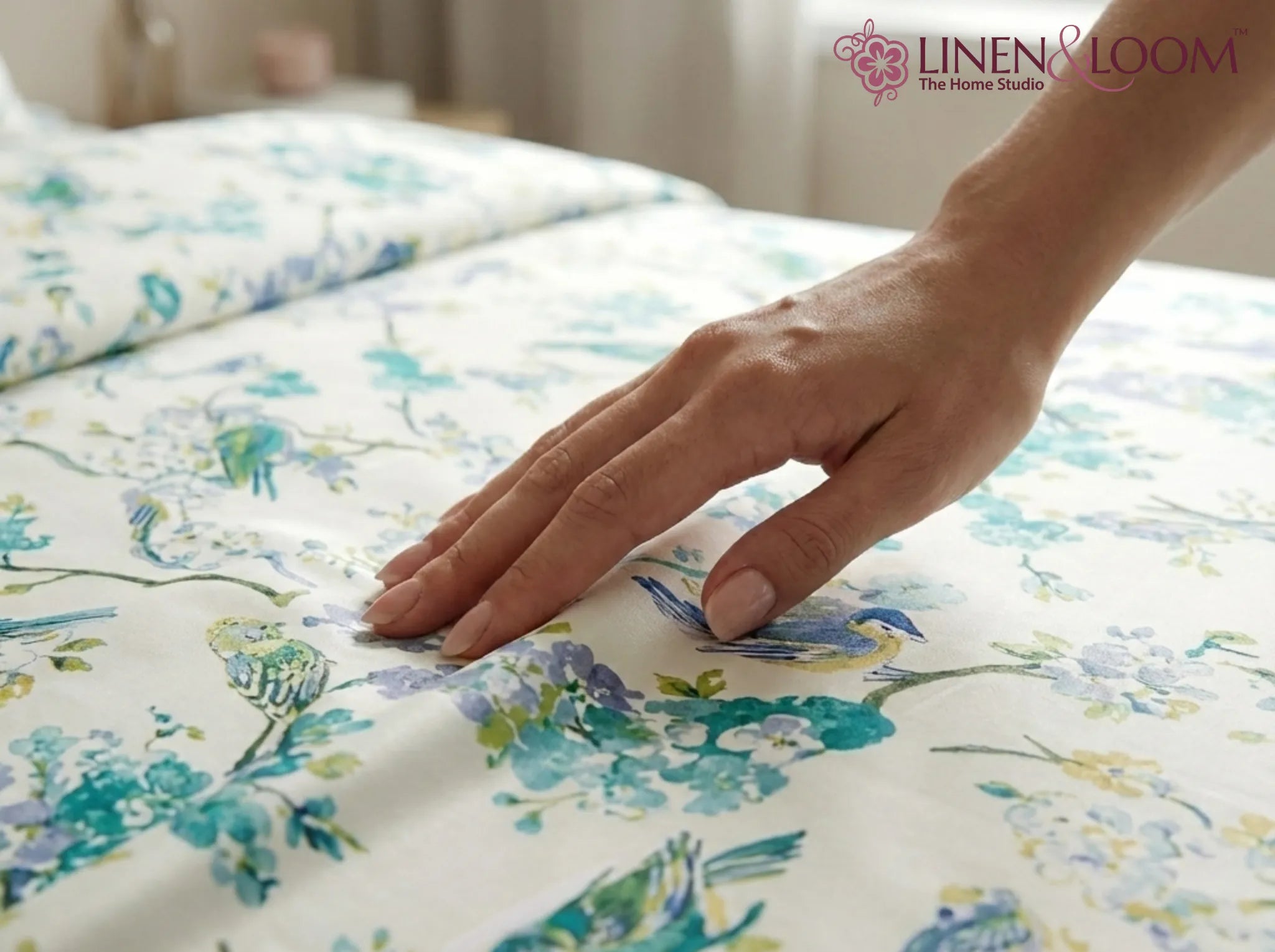 Azure Song - Linen & Loom The Natural Collection - 100% Pure Cotton Single Bedsheet (60 x 90 Inches) with 1 Pillow Cover | 240 TC - Soft & Breathable Cotton Bed Sheet for Bedroom