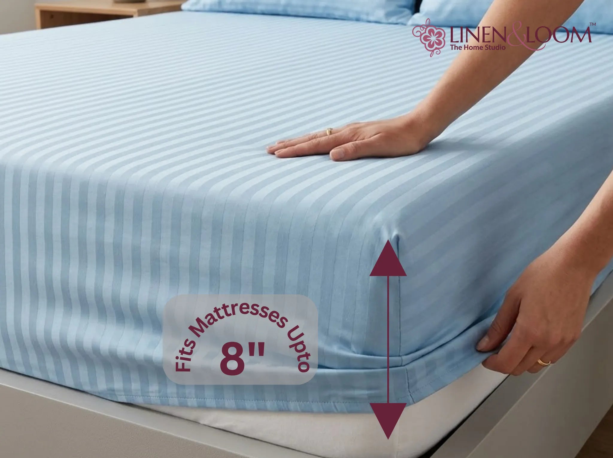 Light Blue - Linen & Loom Elegance King Size 360° Fitted (72X78 + 9 inches) Elasticated Bedsheet | Elegant Satin Stripes | No-Slip Design | Snug, Secure Grip | Fits Upto 8 Inch Mattress | 200 TC
