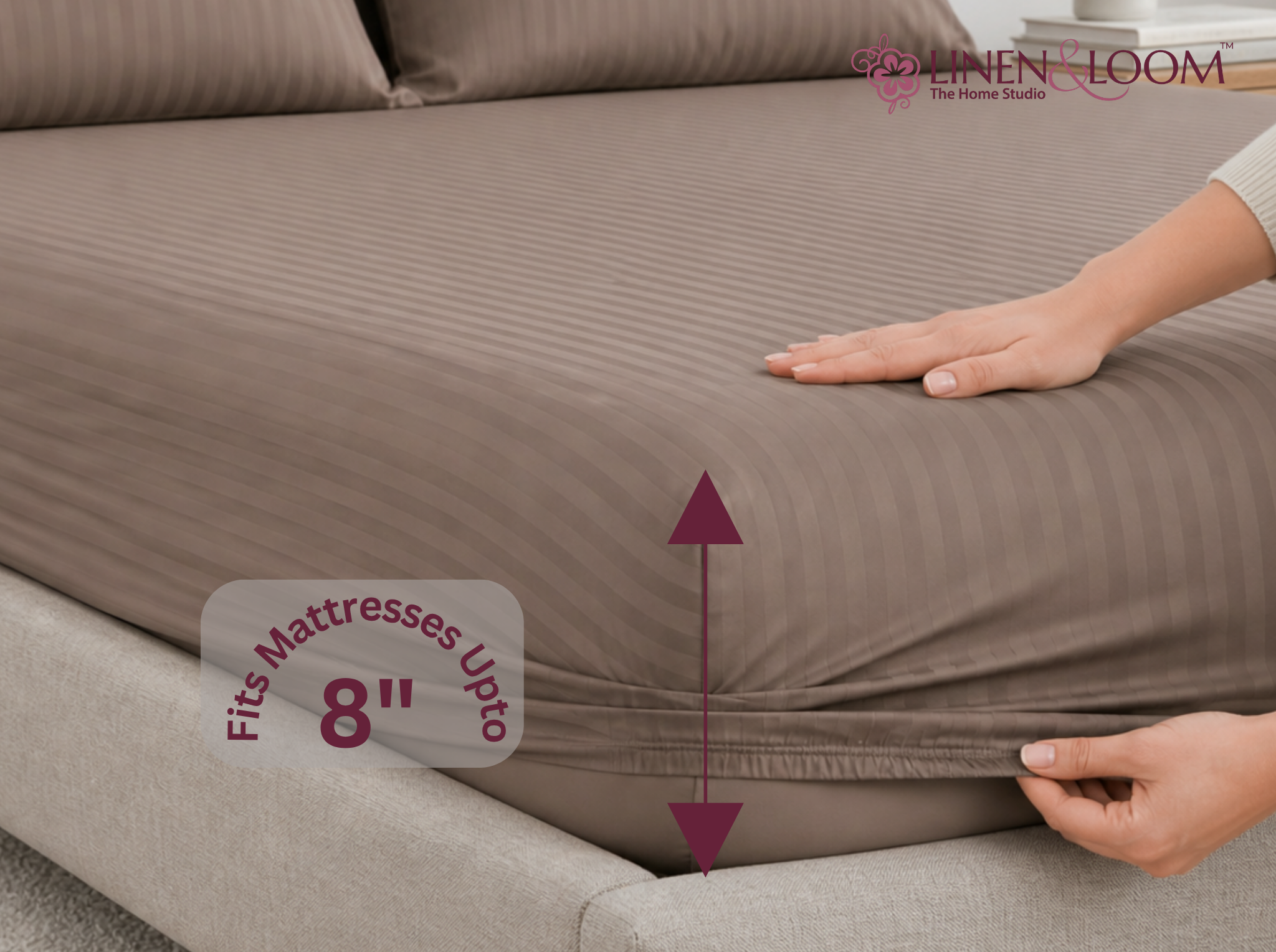 Light Brown - Linen & Loom Elegance King Size 360° Fitted (72X78 + 9 inches) Elasticated Bedsheet | Elegant Satin Stripes | No-Slip Design | Snug, Secure Grip | Fits Upto 8 Inch Mattress | 200 TC