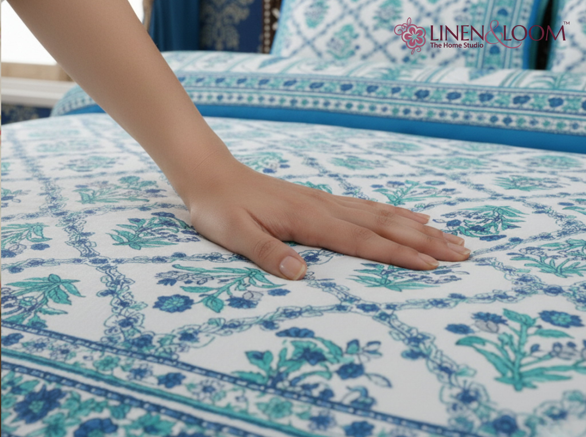 Indigo Rani — Linen & Loom Maharani Motifs Premium 100% Pure Cotton King Size (90x108) Double Bed Bedsheet with 2 Pillow Covers || Floral Printed Elegant Bedroom Bedding Set || 240 TC