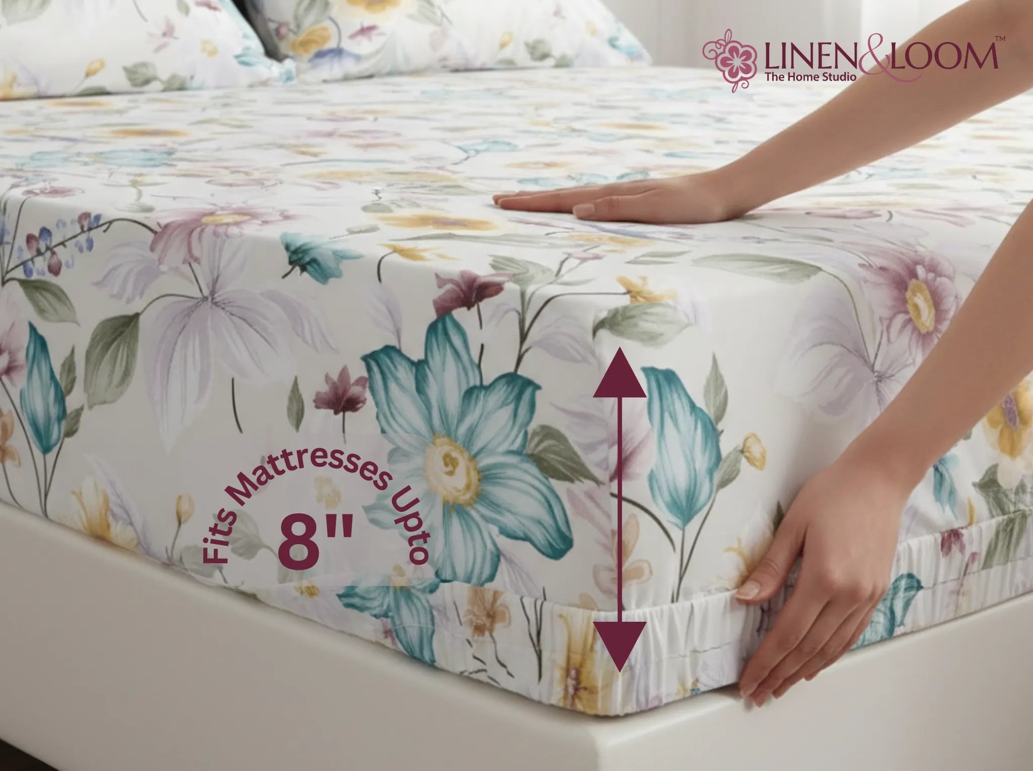 Spring Bloom - Linen & Loom Pure Comfort Series 360° Elastic Fitted Bedsheet | Soft and Comfortable Bed Linen Set for a Cozy Bedroom | 200 TC | King Size 72x78 inches + 9 inches