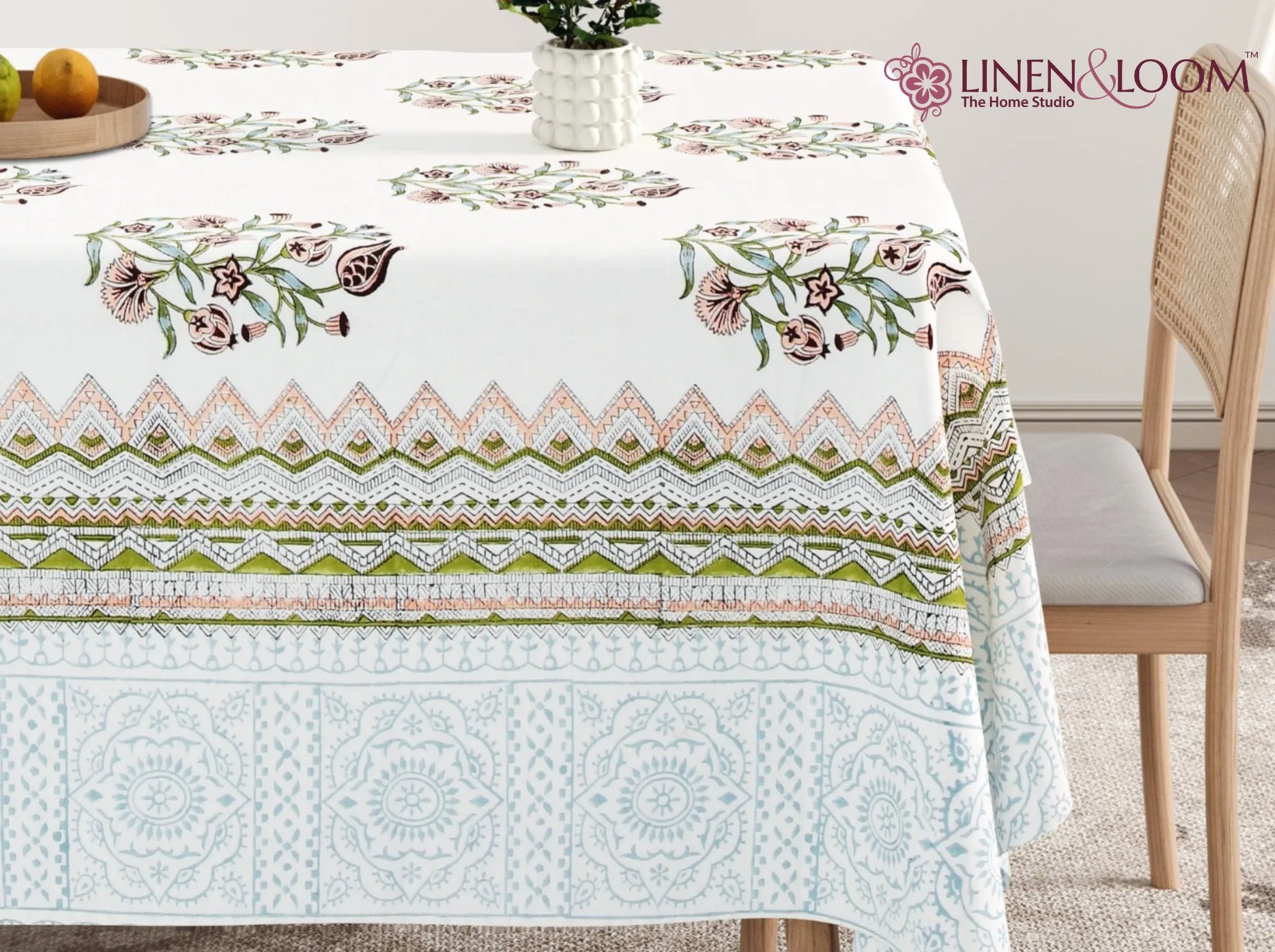 Olive Meadow - Linen & Loom Rajwada Heritage 6-Seater Table Cover | 100% Premium Cotton Slub | 200 TC | 160 GSM | 1.5 x 2.25 Meters