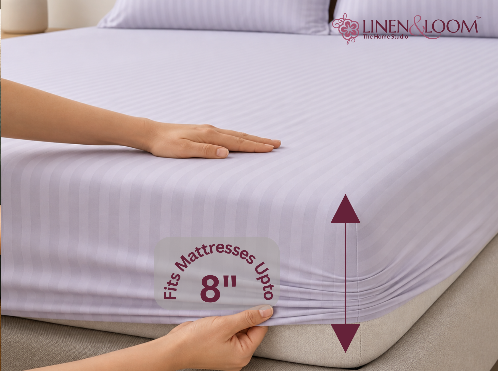 Light Grey - Linen & Loom Elegance King Size 360° Fitted (72X78 + 9 inches) Elasticated Bedsheet | Elegant Satin Stripes | No-Slip Design | Snug, Secure Grip | Fits Upto 8 Inch Mattress | 200 TC