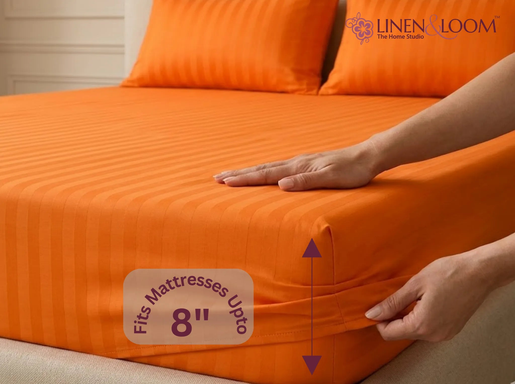 Orange - Linen & Loom Elegance King Size 360° Fitted (72X78 + 9 inches) Elasticated Bedsheet | Elegant Satin Stripes | No-Slip Design | Snug, Secure Grip | Fits Upto 8 Inch Mattress | 200 TC