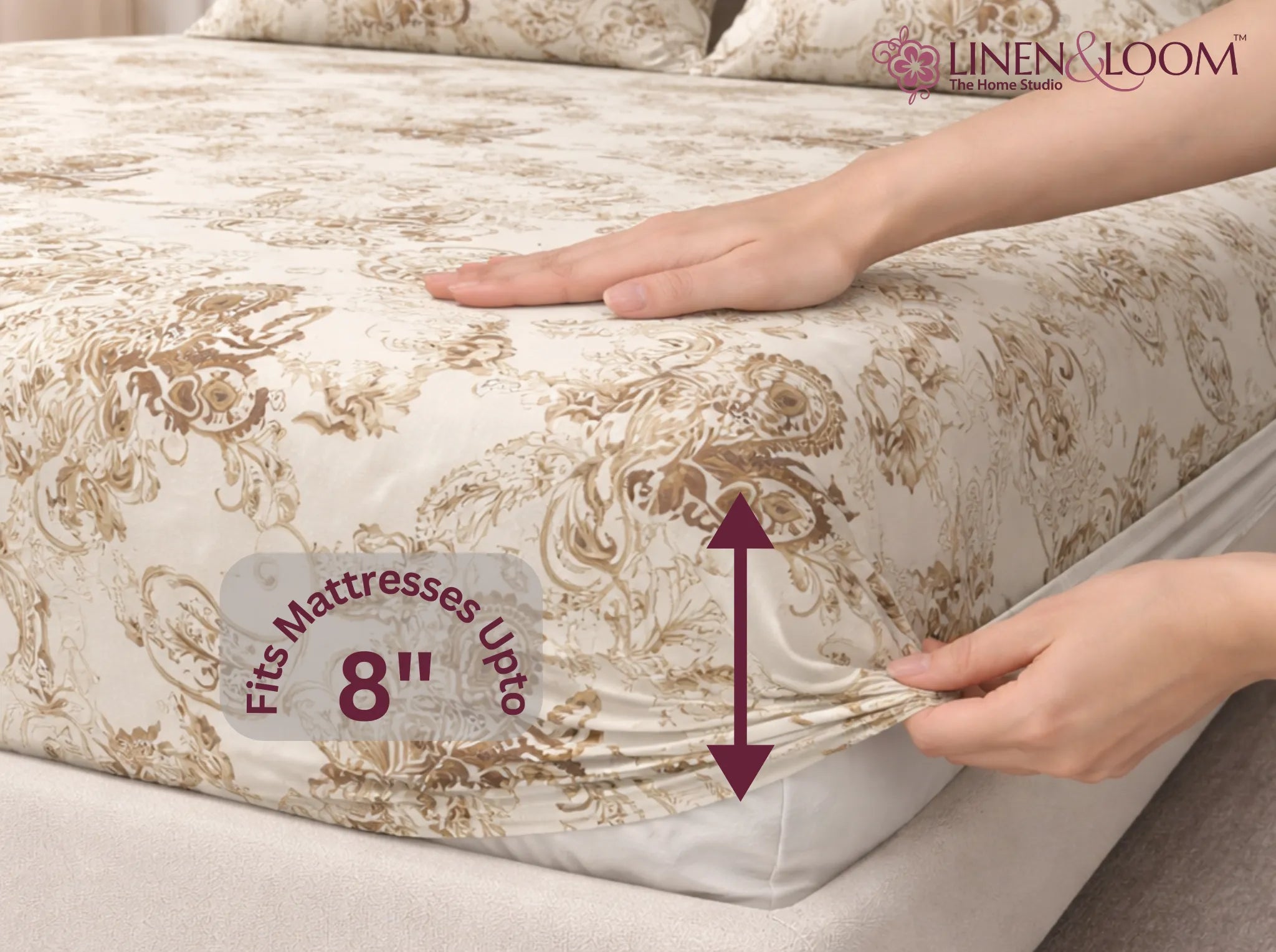 Taupe Tapestry - Linen & Loom Pure Comfort Series 360° Elastic Fitted Bedsheet | Soft and Comfortable Bed Linen Set for a Cozy Bedroom | 200 TC | King Size 72x78 inches + 9 inches