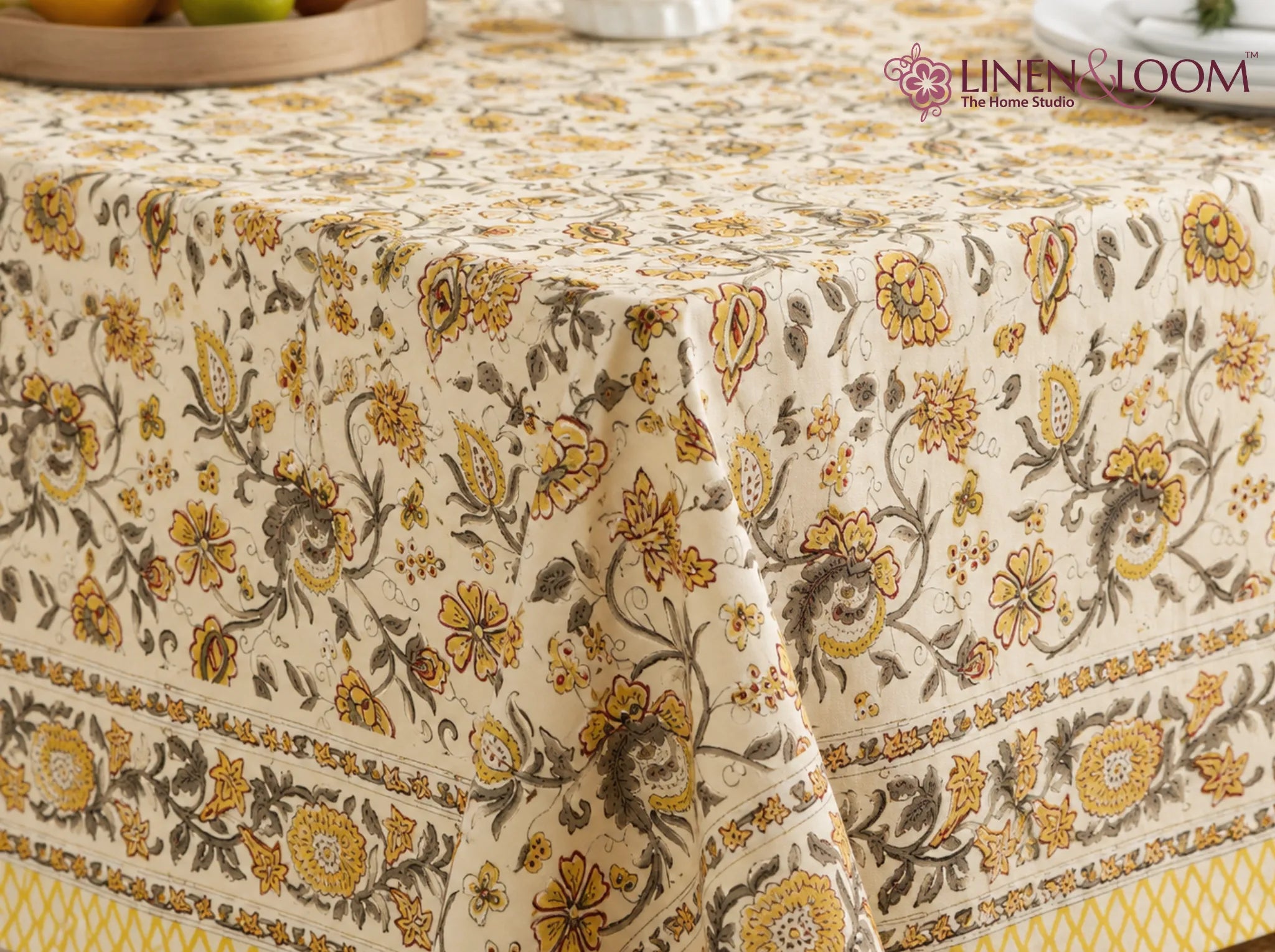 Amber Heritage - Linen & Loom Rajwada Heritage 6-Seater Table Cover | 100% Premium Cotton Slub | 200 TC | 160 GSM | 1.5 x 2.25 Meters