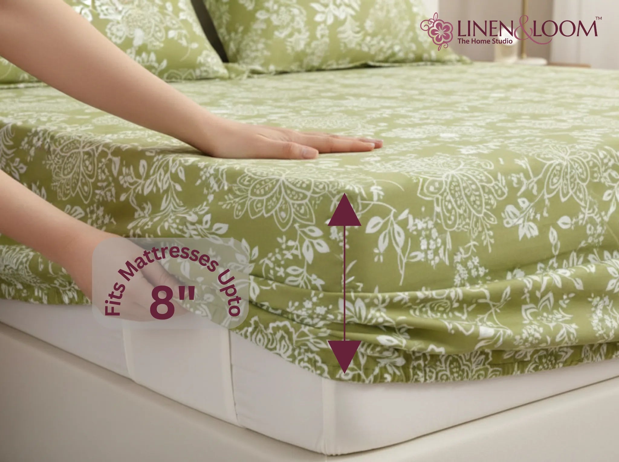 Aranya Floral - Linen & Loom Pure Comfort Series 360° Elastic Fitted Bedsheet | Soft and Comfortable Bed Linen Set for a Cozy Bedroom | 200 TC | King Size 72x78 inches + 9 inches