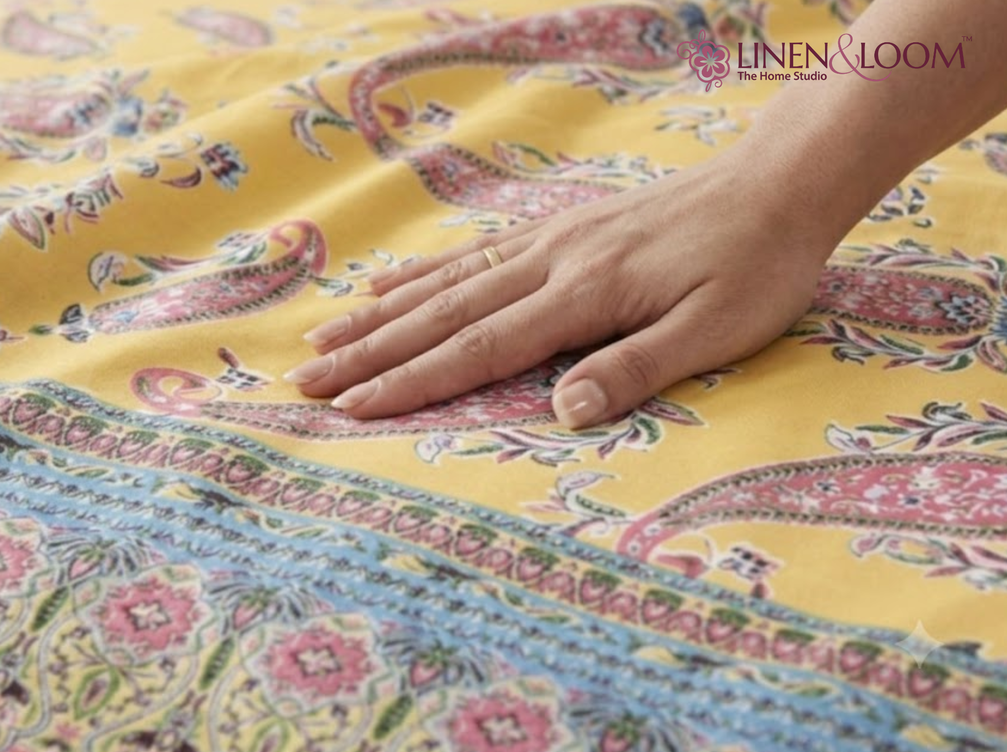 Rajwada Paisley-Yellow — Linen & Loom Maharani Motifs Premium 100% Pure Cotton King Size (90x108) Double Bed Bedsheet with 2 Pillow Covers || Floral Printed Elegant Bedroom Bedding Set || 240 TC