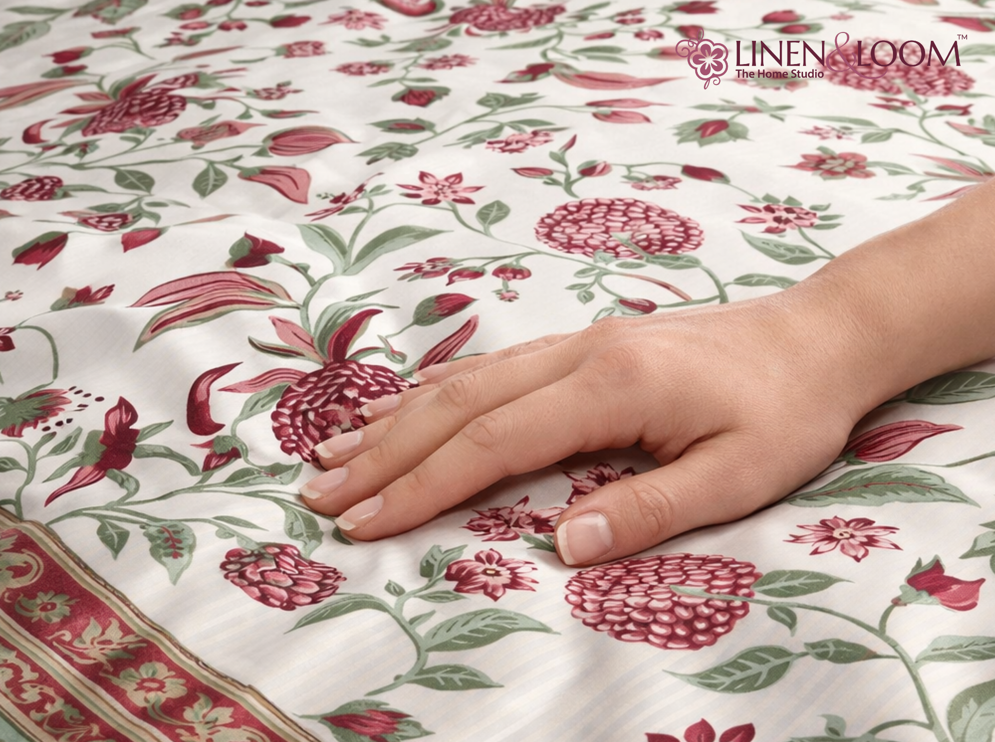 Firdaus Heritage - Red — Linen & Loom Maharani Motifs Premium 100% Pure Cotton King Size (90x108) Double Bed Bedsheet with 2 Pillow Covers || Floral Printed Elegant Bedroom Bedding Set || 240 TC