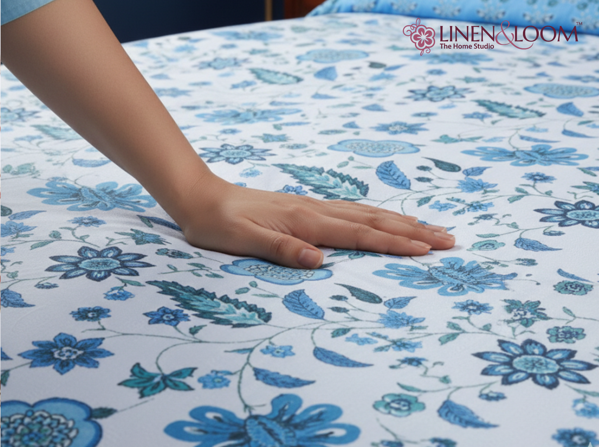 Floral Darbar-Blue — Linen & Loom Maharani Motifs Premium 100% Pure Cotton King Size (90x108) Double Bed Bedsheet with 2 Pillow Covers || Floral Printed Elegant Bedroom Bedding Set || 240 TC