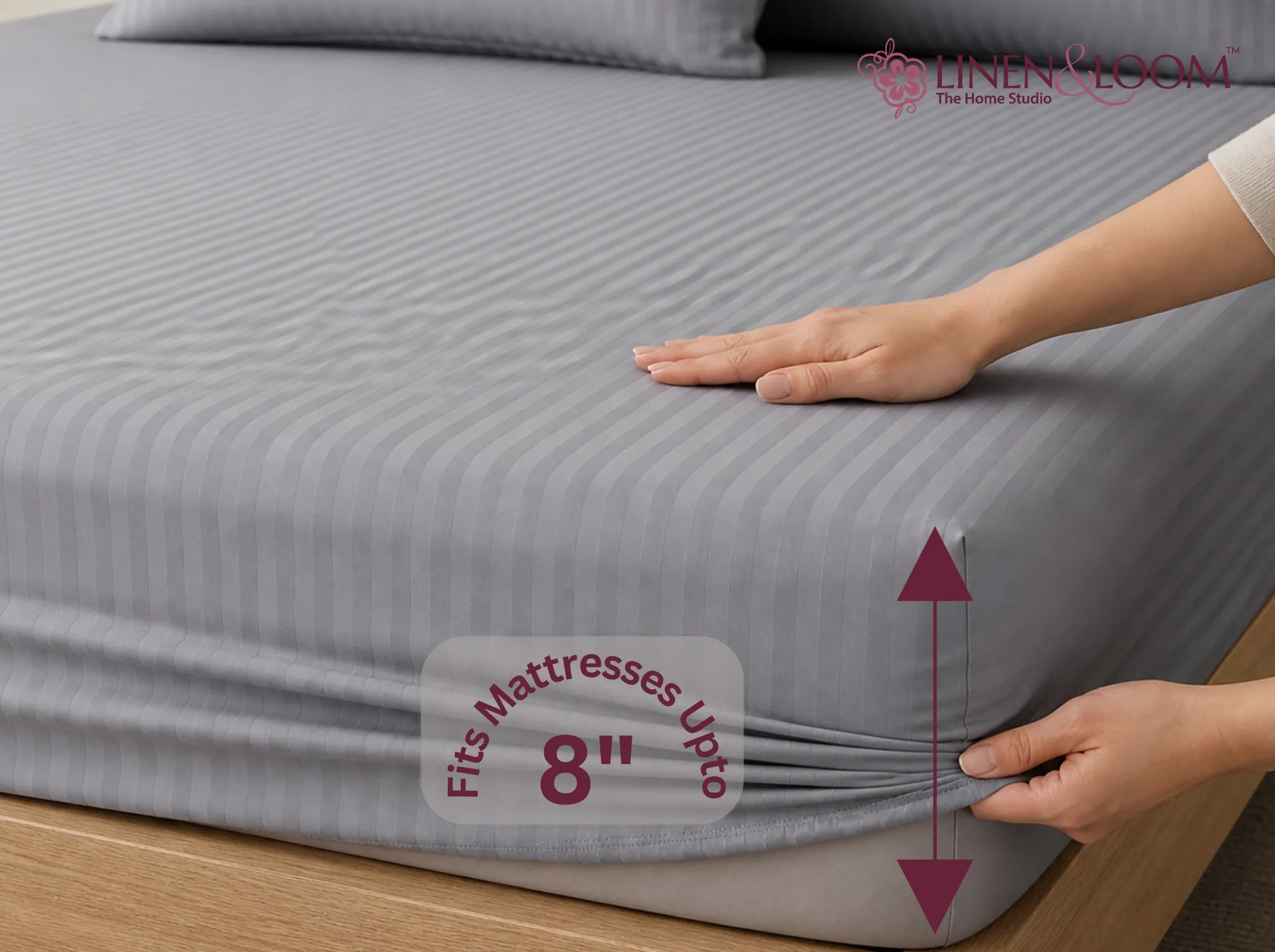 Grey - Linen & Loom Elegance King Size 360° Fitted (72X78 + 9 inches) Elasticated Bedsheet | Elegant Satin Stripes | No-Slip Design | Snug, Secure Grip | Fits Upto 8 Inch Mattress | 200 TC