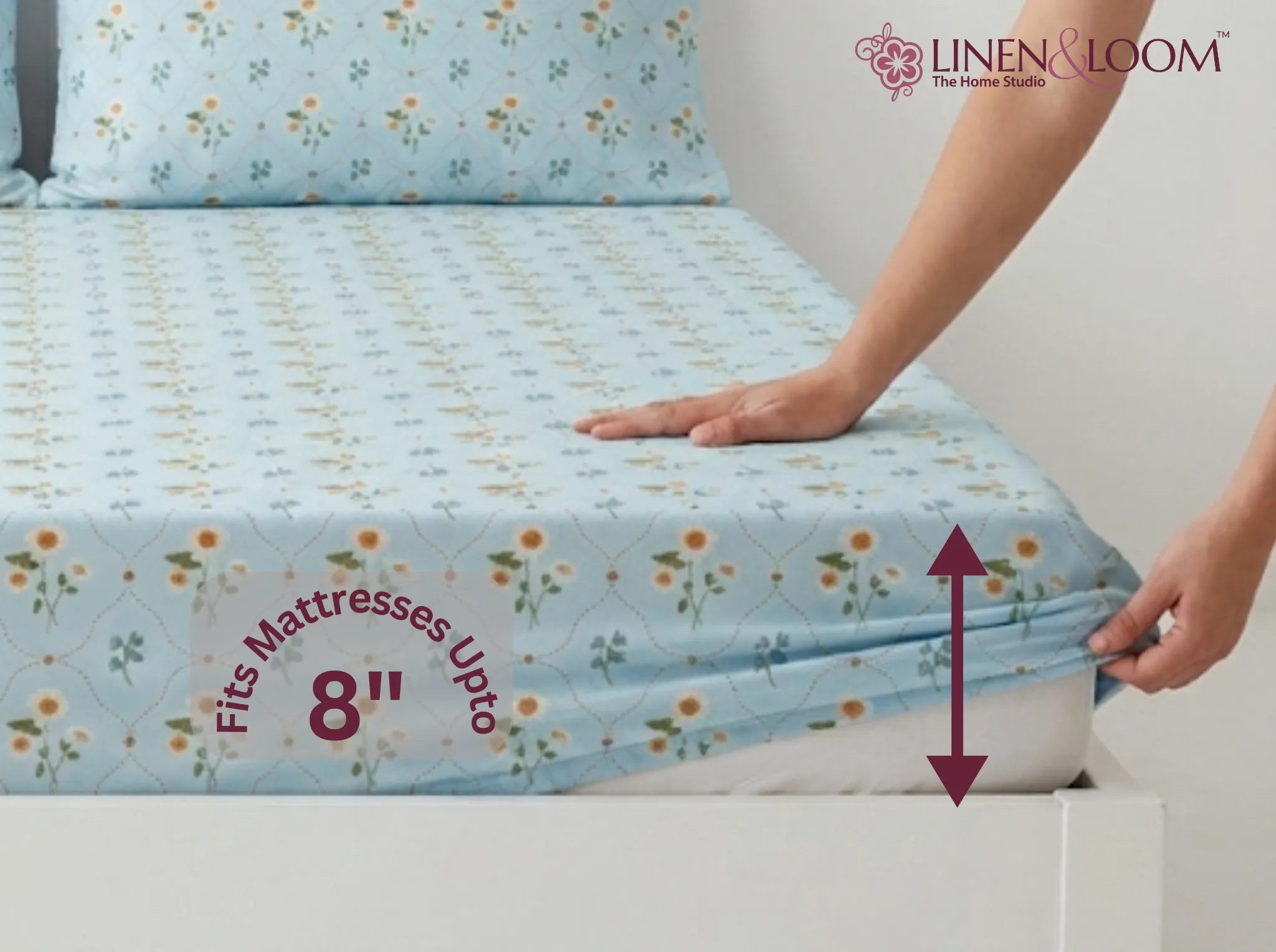 Daisy Dream - Linen & Loom Pure Comfort Series 360° Elastic Fitted Bedsheet | Soft and Comfortable Bed Linen Set for a Cozy Bedroom | 200 TC | King Size 72x78 inches + 9 inches