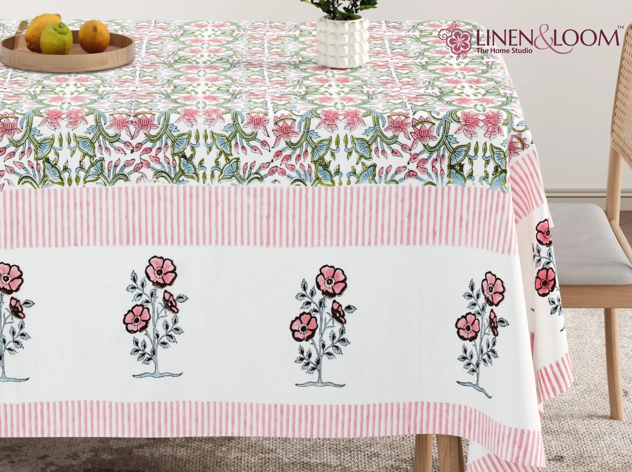 Rose Meadow - Linen & Loom Rajwada Heritage 6-Seater Table Cover | 100% Premium Cotton Slub | 200 TC | 160 GSM | 1.5 x 2.25 Meters