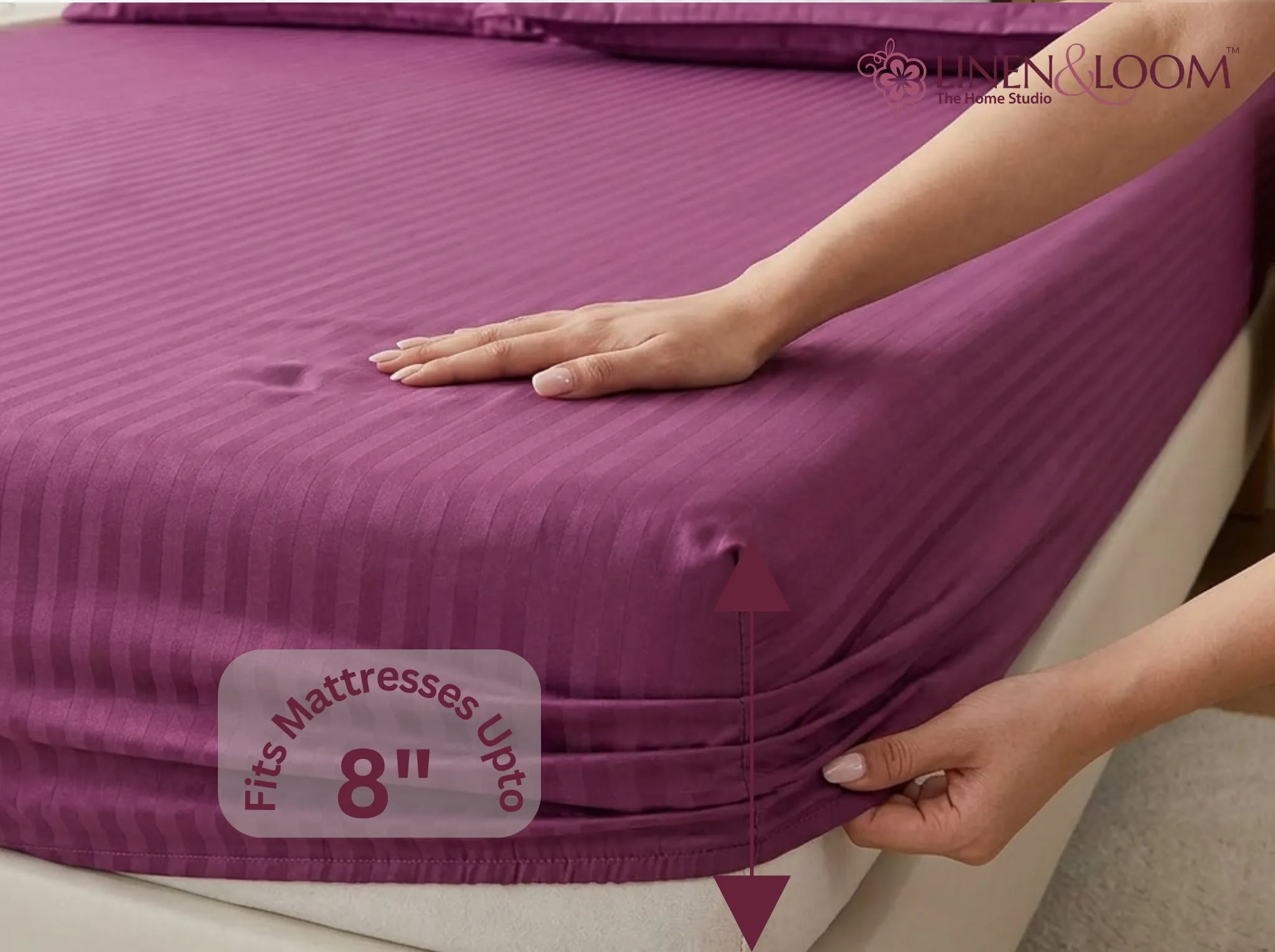 Rose Pink - Linen & Loom Elegance King Size 360° Fitted (72X78 + 9 inches) Elasticated Bedsheet | Elegant Satin Stripes | No-Slip Design | Snug, Secure Grip | Fits Upto 8 Inch Mattress | 200 TC
