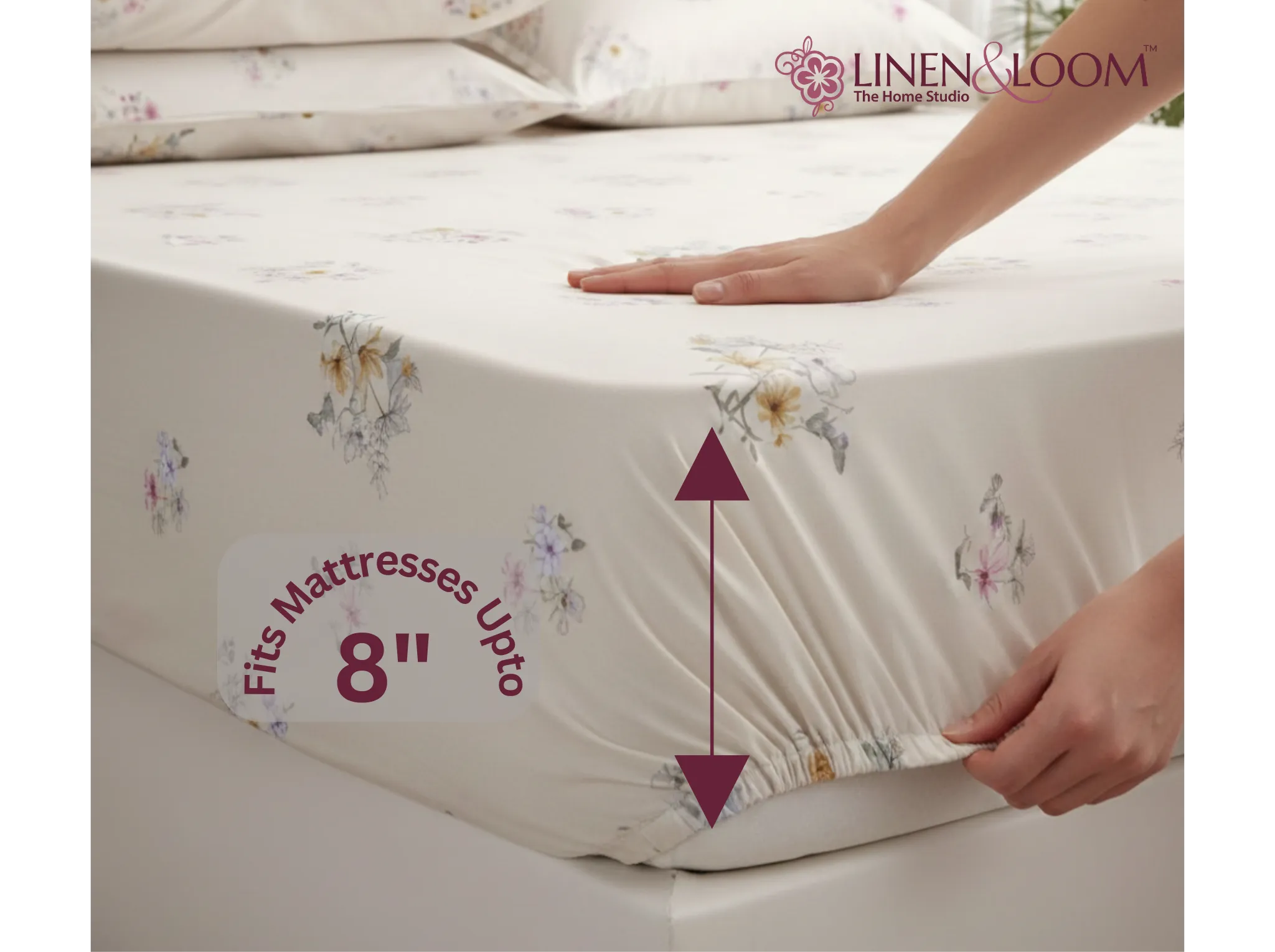 Porcelain Petals - Linen & Loom Pure Comfort Series 360° Elastic Fitted Bedsheet | Soft and Comfortable Bed Linen Set for a Cozy Bedroom | 200 TC | King Size 72x78 inches + 9 inches