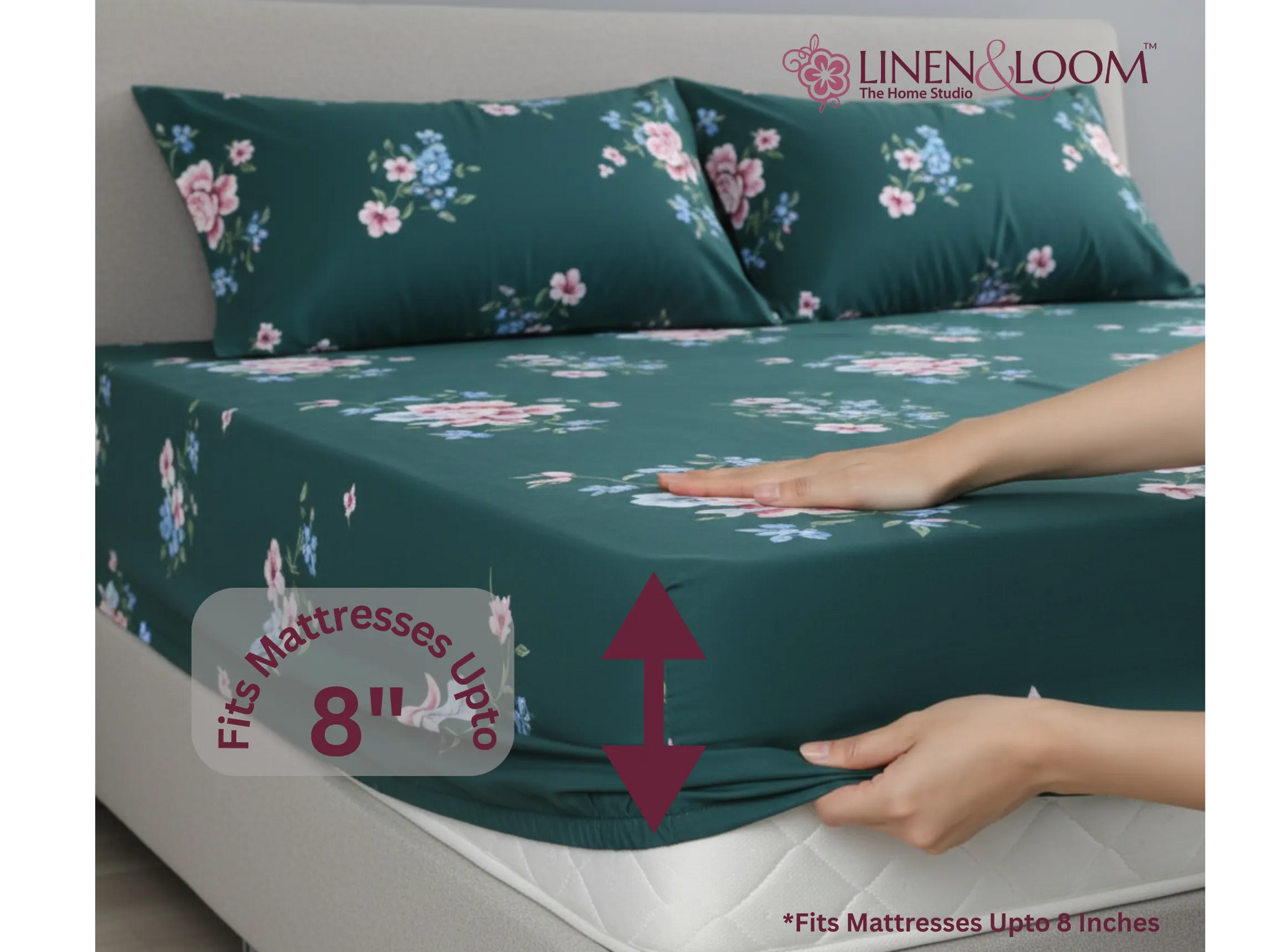 Midnight Meadow - Linen & Loom Pure Comfort Series 360° Elastic Fitted Bedsheet | Soft and Comfortable Bed Linen Set for a Cozy Bedroom | 200 TC | King Size 72x78 inches + 9 inches