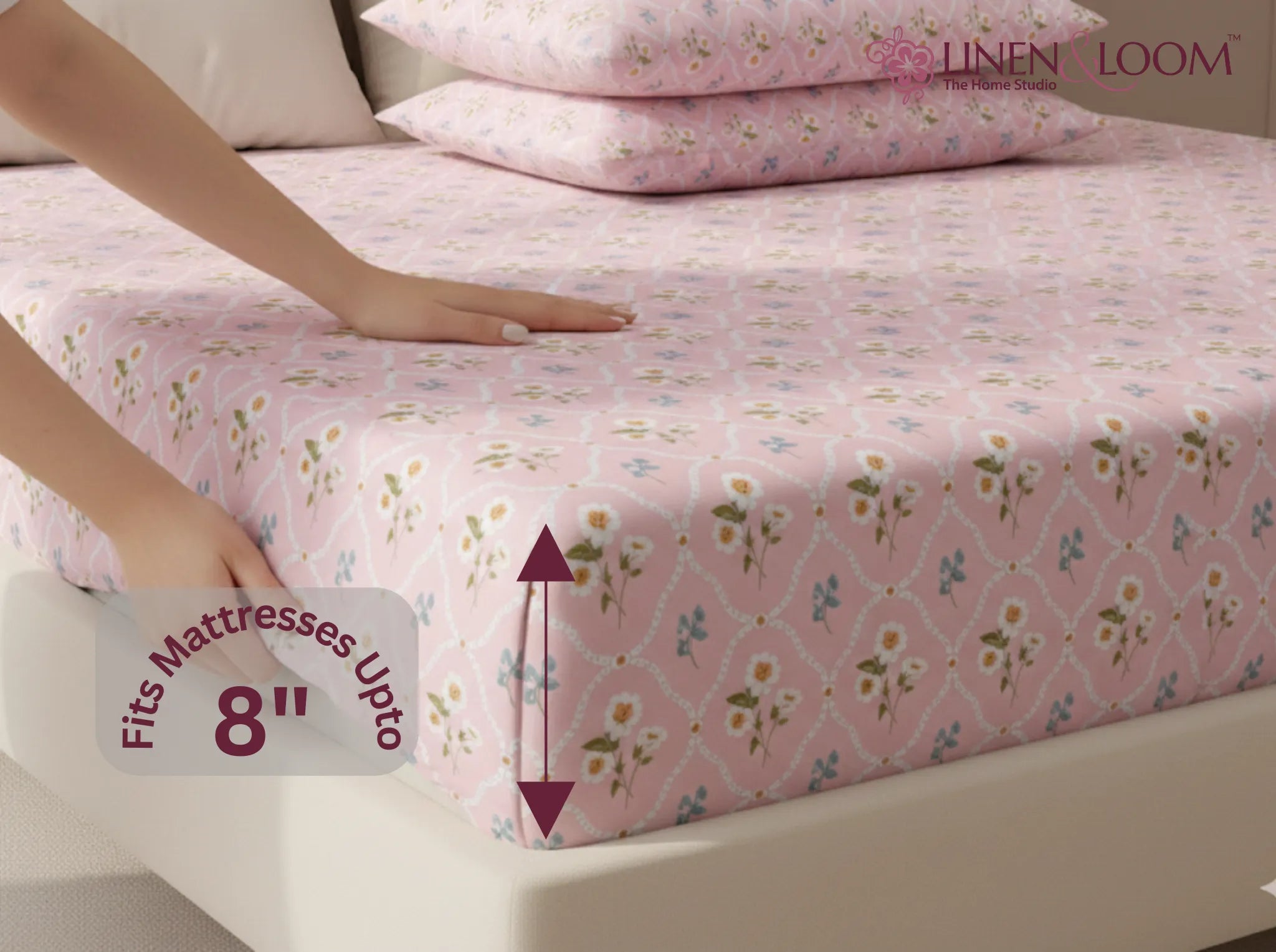 Daisy Petale - Linen & Loom Pure Comfort Series 360° Elastic Fitted Bedsheet | Soft and Comfortable Bed Linen Set for a Cozy Bedroom | 200 TC | King Size 72x78 inches + 9 inches