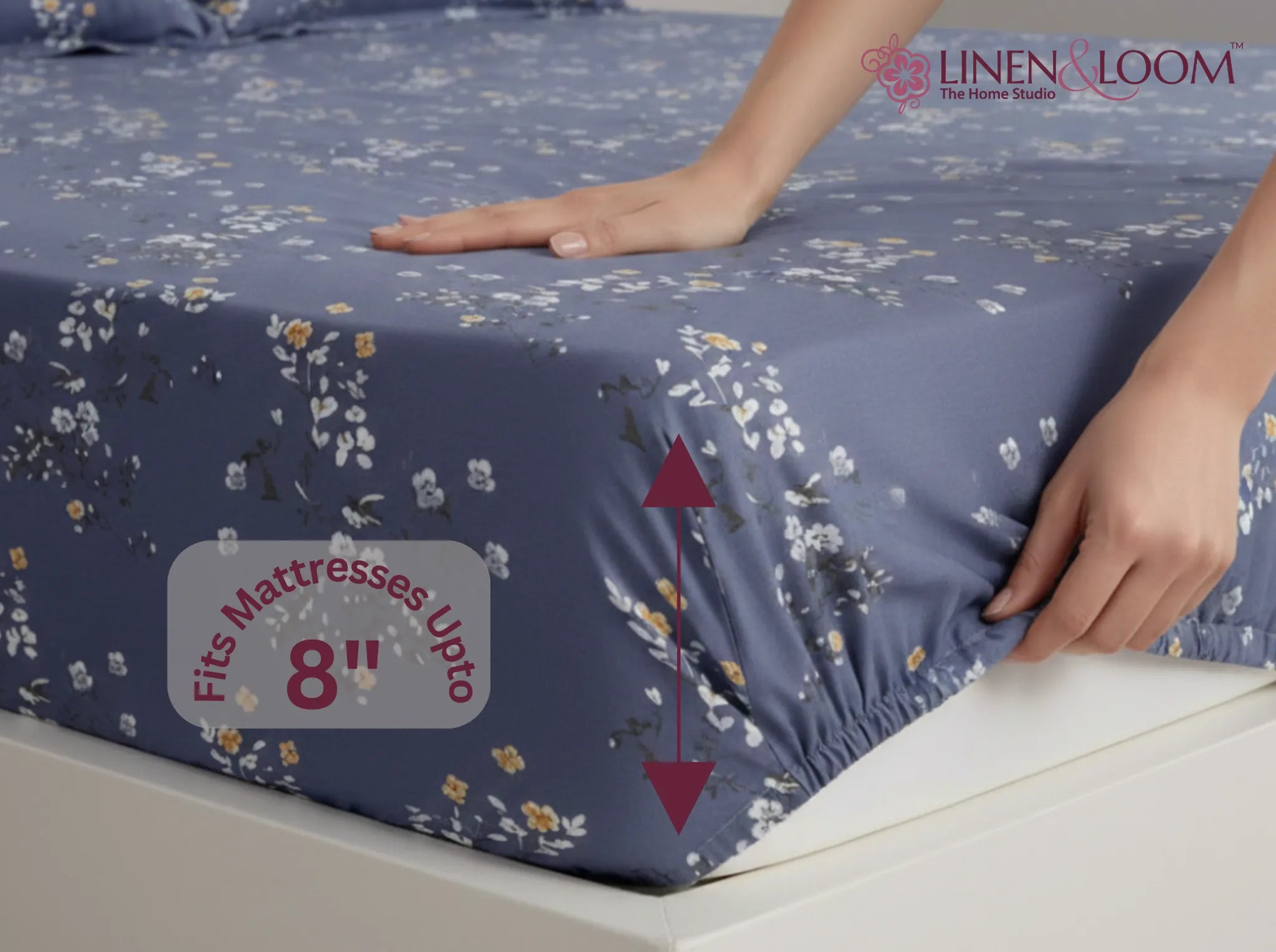 Moonflower Blue - Linen & Loom Pure Comfort Series 360° Elastic Fitted Bedsheet | Soft and Comfortable Bed Linen Set for a Cozy Bedroom | 200 TC | King Size 72x78 inches + 9 inches