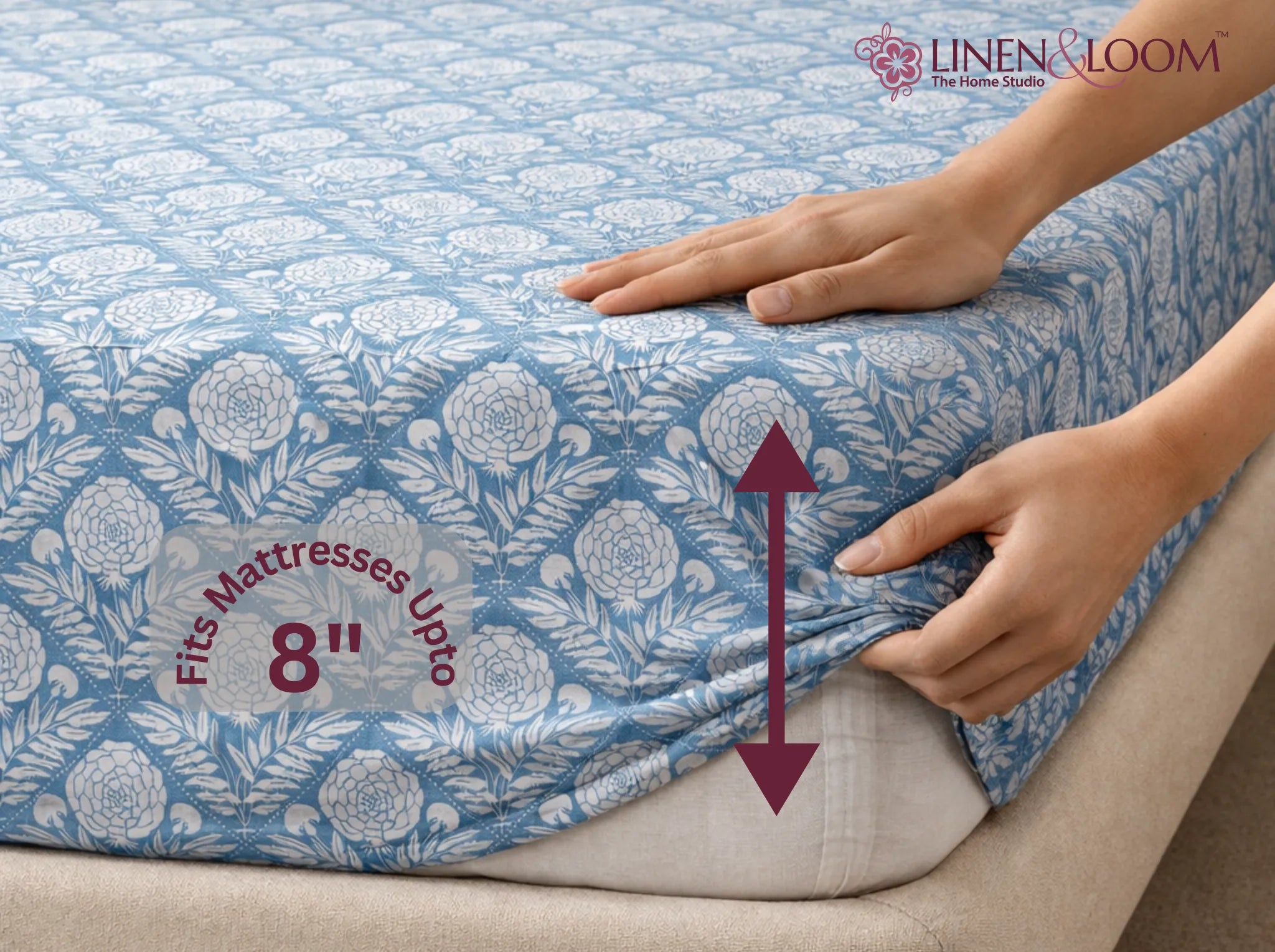 Ivory Indigo - Linen & Loom Pure Comfort Series 360° Elastic Fitted Bedsheet | Soft and Comfortable Bed Linen Set for a Cozy Bedroom | 200 TC | King Size 72x78 inches + 9 inches