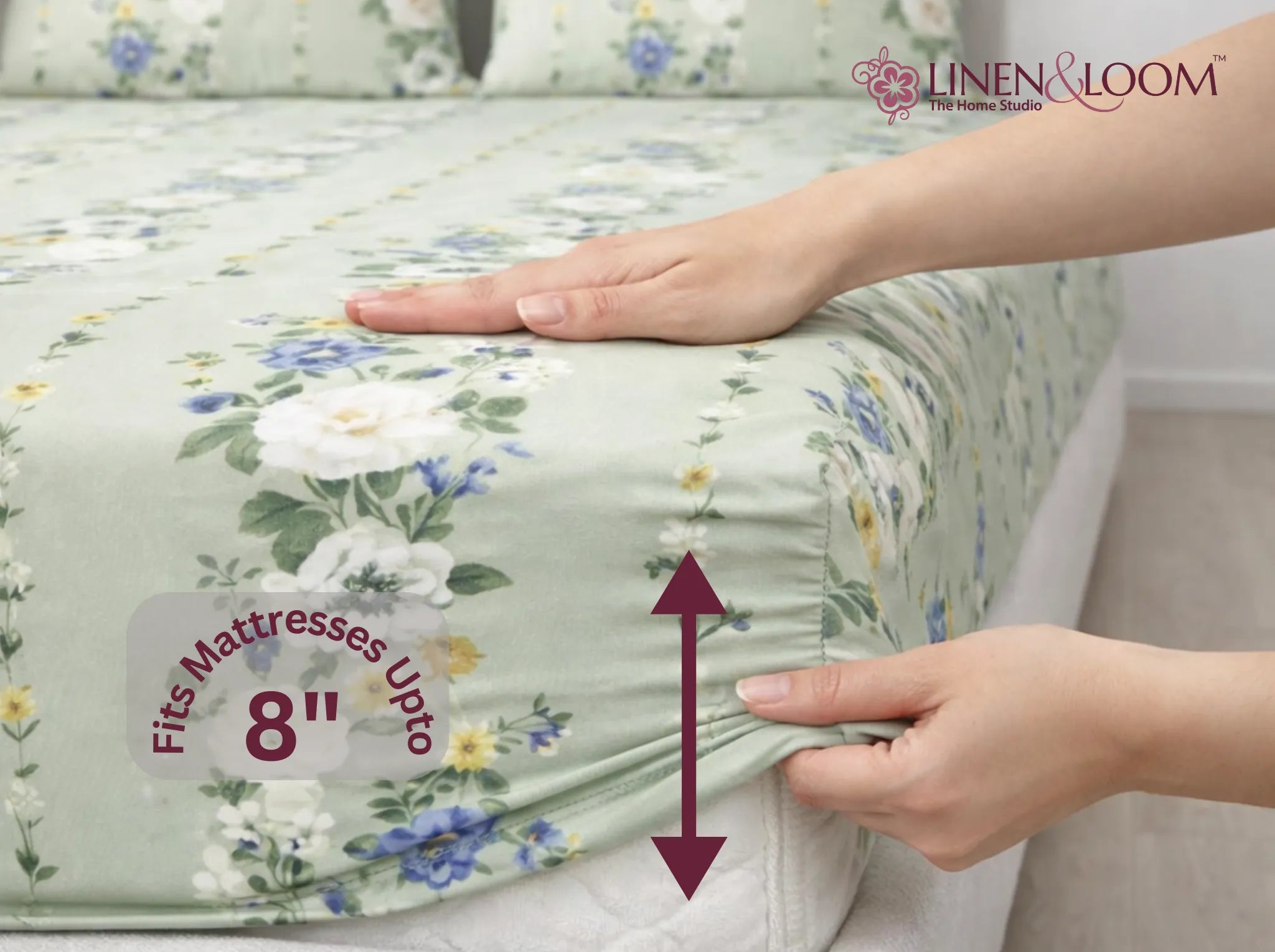 Sage Bloom - Linen & Loom Pure Comfort Series 360° Elastic Fitted Bedsheet | Soft and Comfortable Bed Linen Set for a Cozy Bedroom | 200 TC | King Size 72x78 inches + 9 inches