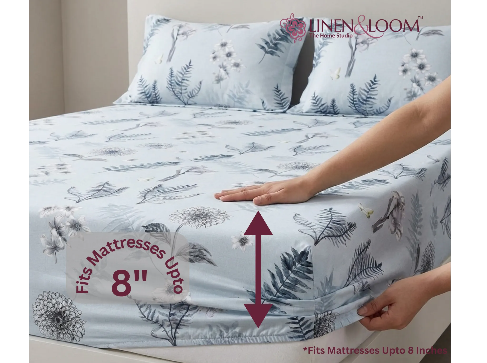 Frosted Fern - Linen & Loom Pure Comfort Series 360° Elastic Fitted Bedsheet | Soft and Comfortable Bed Linen Set for a Cozy Bedroom | 200 TC | King Size 72x78 inches + 9 inches